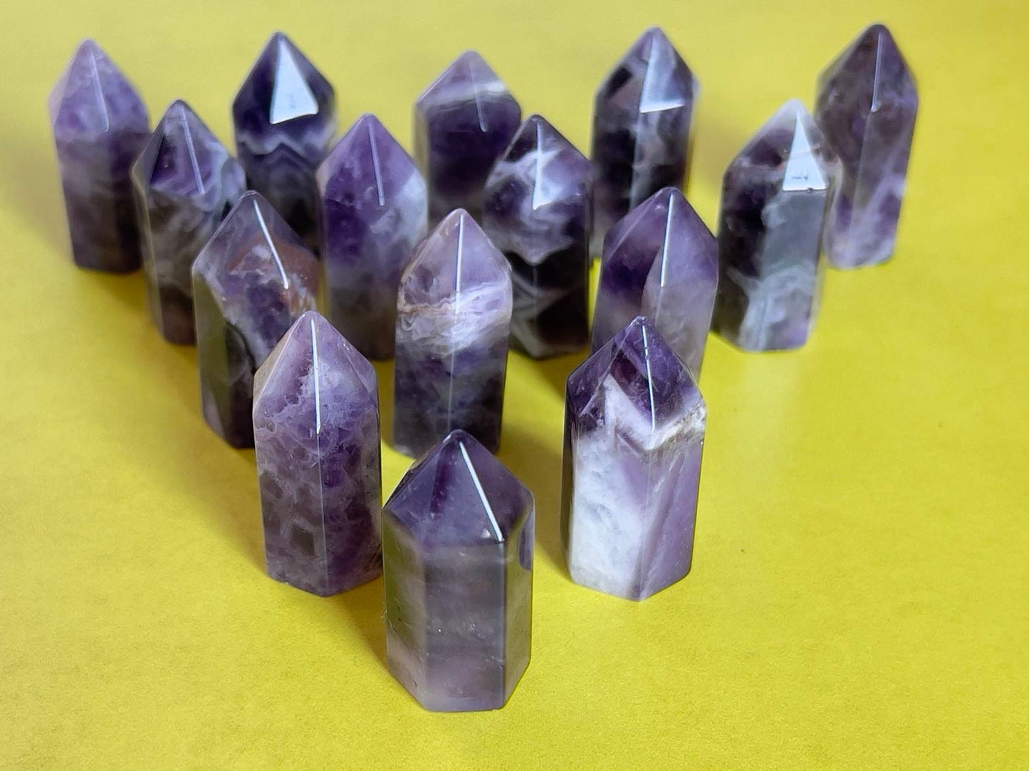 One (1) Amethyst mini point, 1.3 - 1.5 inch tall, Some with Chevron Pattern Mini Tower, Small, under ten dollars & perfect for beginners