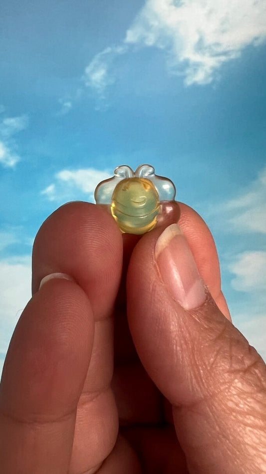 1 (one) Darling Yellow Fluorite Bumblebee, 1/2 inch crystal, hand carved crystal, Teeny tiny crystal carving, no, seriously, it's small.