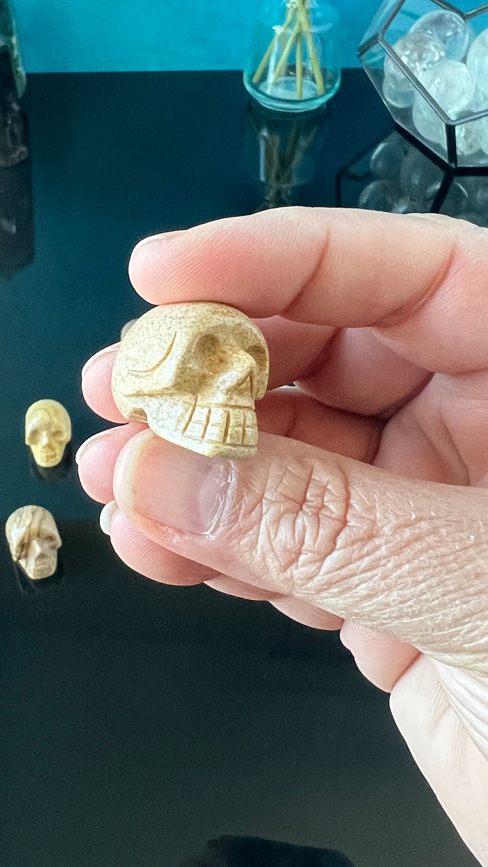 1 (one) Picture Jasper Mini Crystal Skull, Hand Carved and approx 1 inch long. Dark Academia, Spooky Witchy Home Decor. Randomly Selected