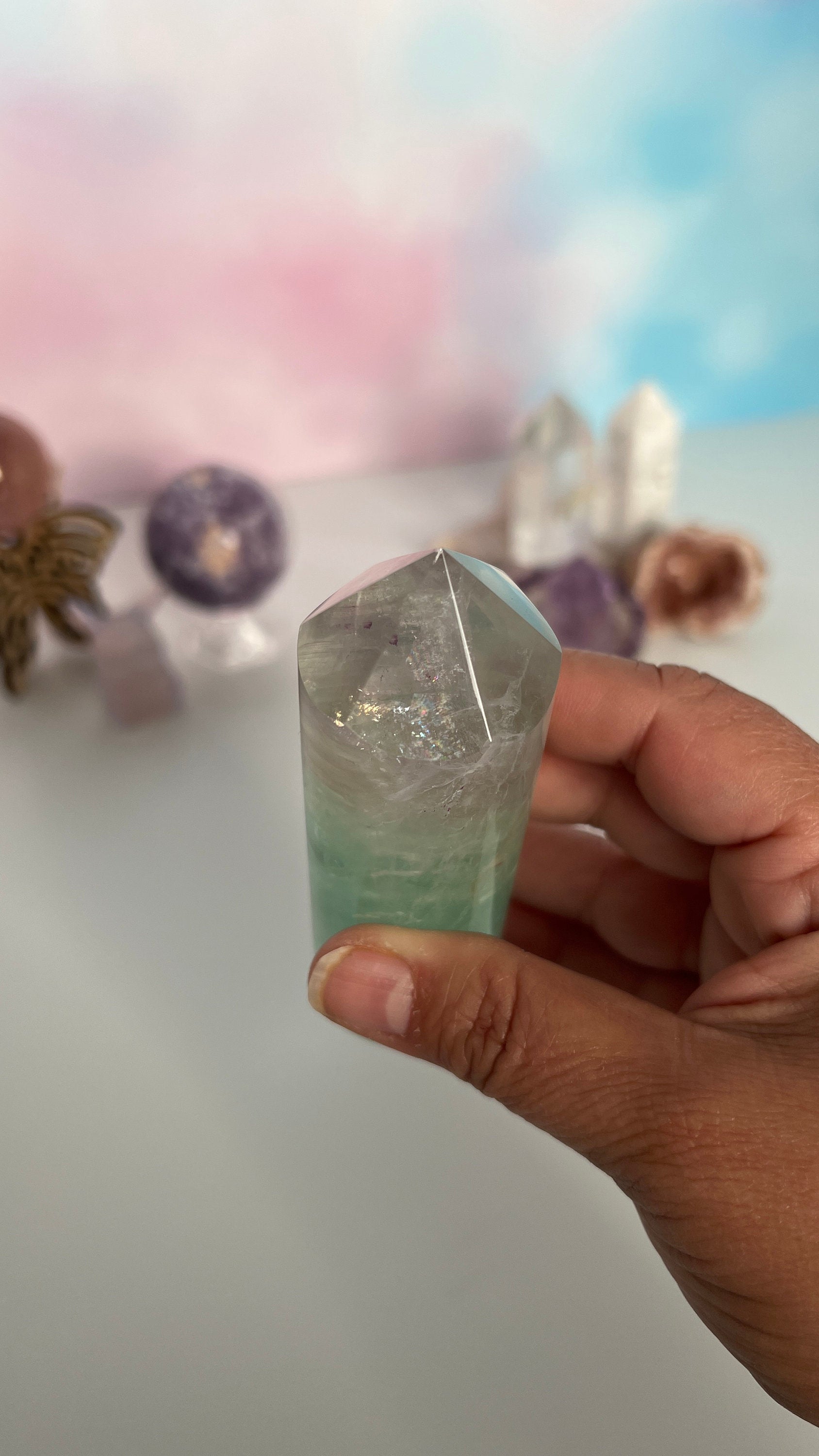 Stunning Fluorite Cylindrical base tower with wonderful clarity and gorgeous green color. Rainbow inclusion on top. (FCT-60)