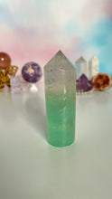 Load image into Gallery viewer, Stunning Fluorite Cylindrical base tower with wonderful clarity and gorgeous green color. Rainbow inclusion on top. (FCT-60)
