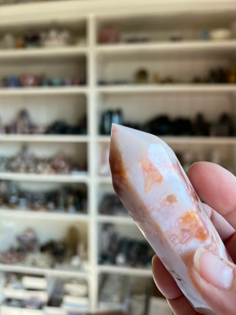 Incredible Flower Agate and Carnelian Double Terminated (DT) Crystal, 4 1/2 inches long 4.6 ounces, good points, Pink Chalcedony (CFDT-1)
