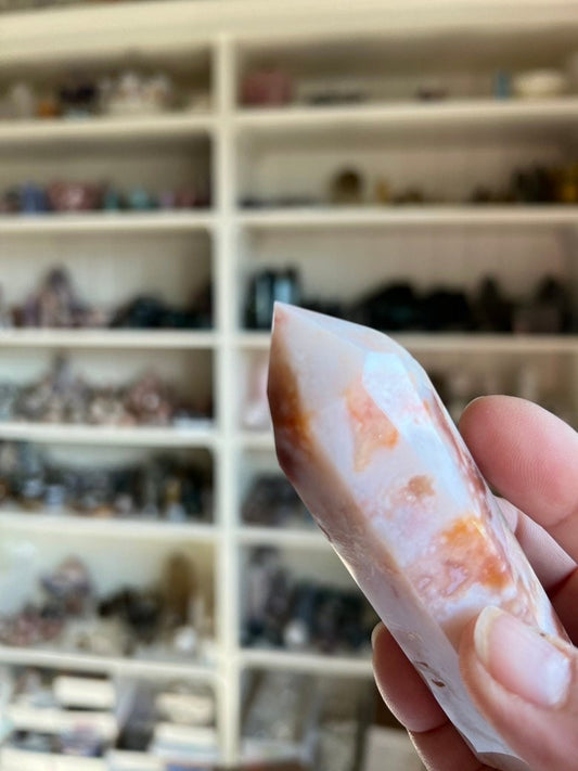 Incredible Flower Agate and Carnelian Double Terminated (DT) Crystal, 4 1/2 inches long 4.6 ounces, good points, Pink Chalcedony (CFDT-1)