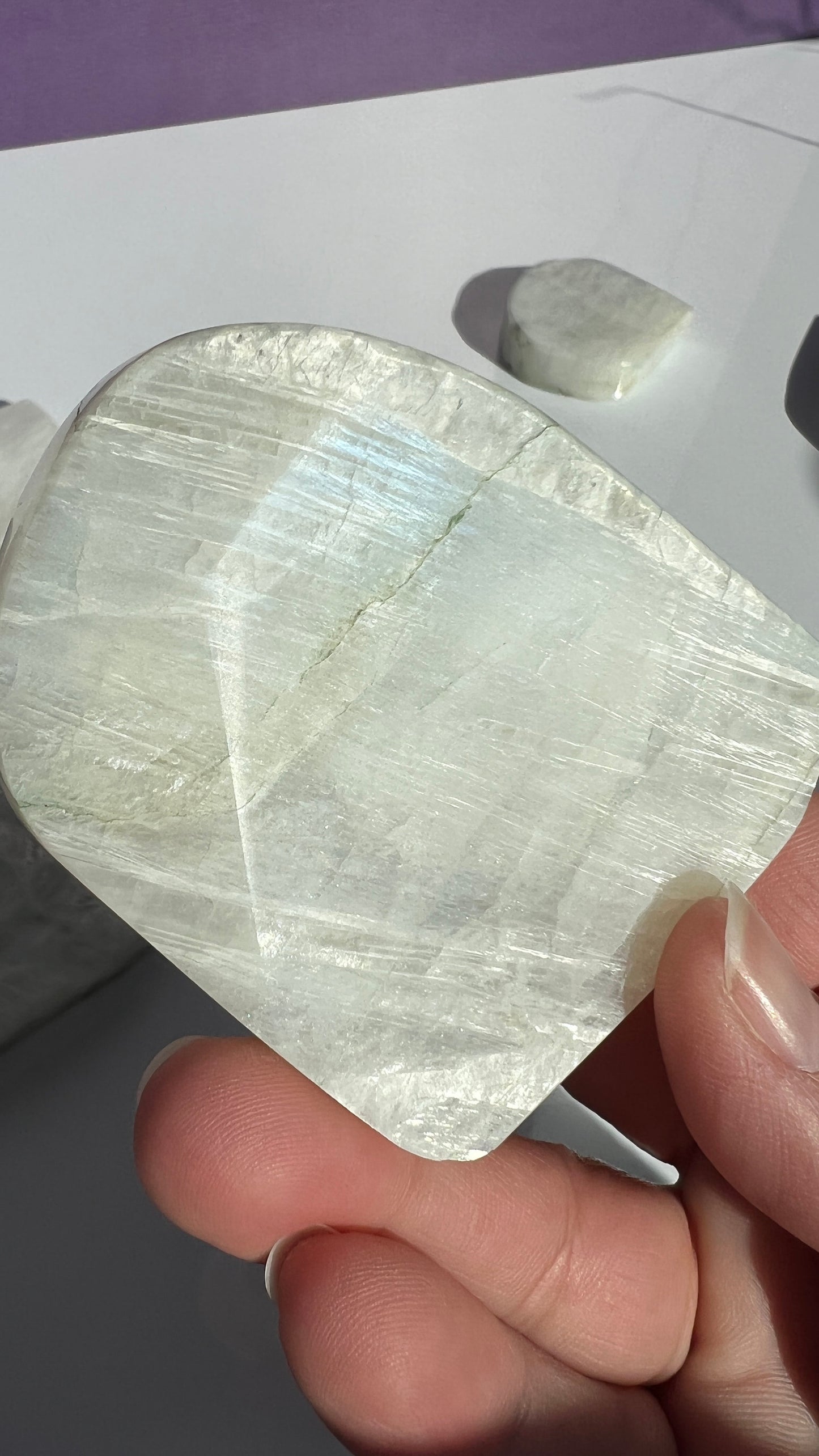AA White Moonstone Free form with stunning Blue Flash 3 inches (1-51) Very Flashy Moonstone Blue.