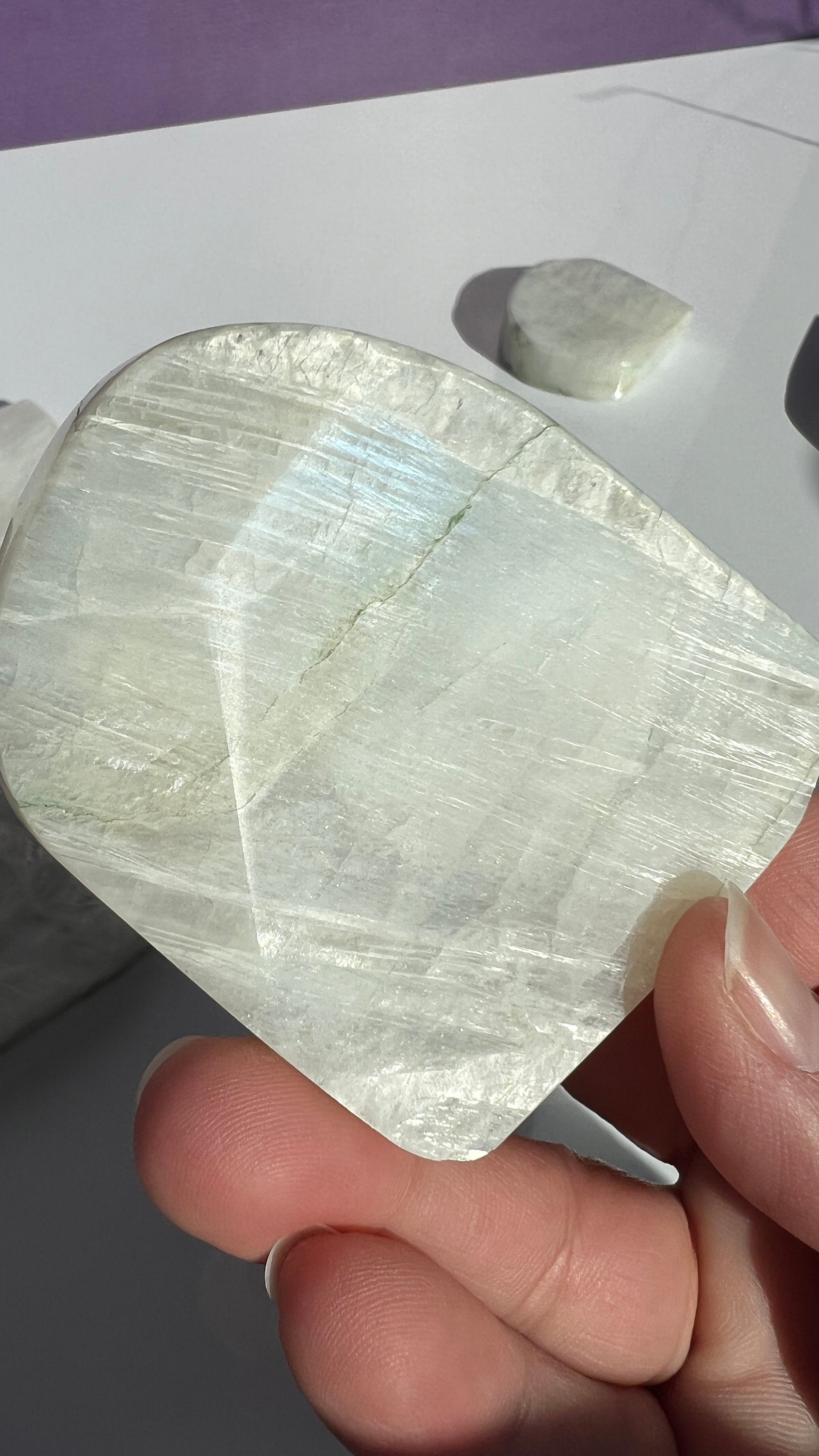AA White Moonstone Free form with stunning Blue Flash 3 inches (1-51) Very Flashy Moonstone Blue.