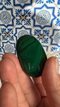 Load image into Gallery viewer, Authentic Malachite Palm Stones with wonderful patterns, High Quality and shine surface. No obvious blemishes. 2 inches 2.2 ounces
