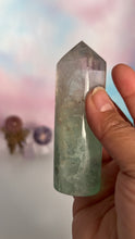 Load image into Gallery viewer, Stunning Fluorite Cylindrical base tower with wonderful clarity and gorgeous green color. Rainbow inclusion on top. (FCT-60)
