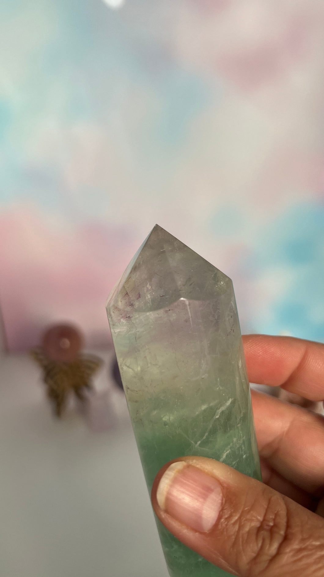 Stunning Fluorite Cylindrical base tower with wonderful clarity and gorgeous green color. Rainbow inclusion on top. (FCT-60)