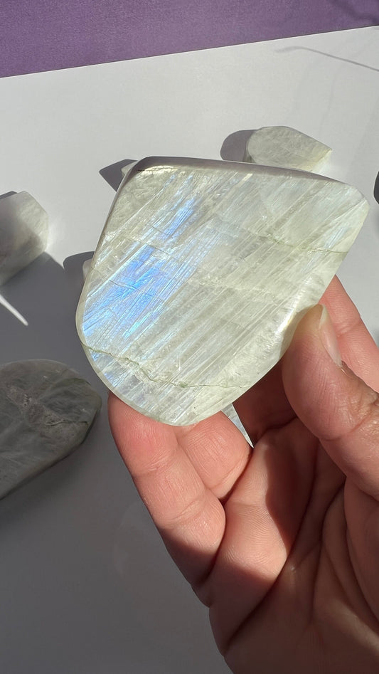 AA White Moonstone Free form with stunning Blue Flash 3 inches (1-51) Very Flashy Moonstone Blue.