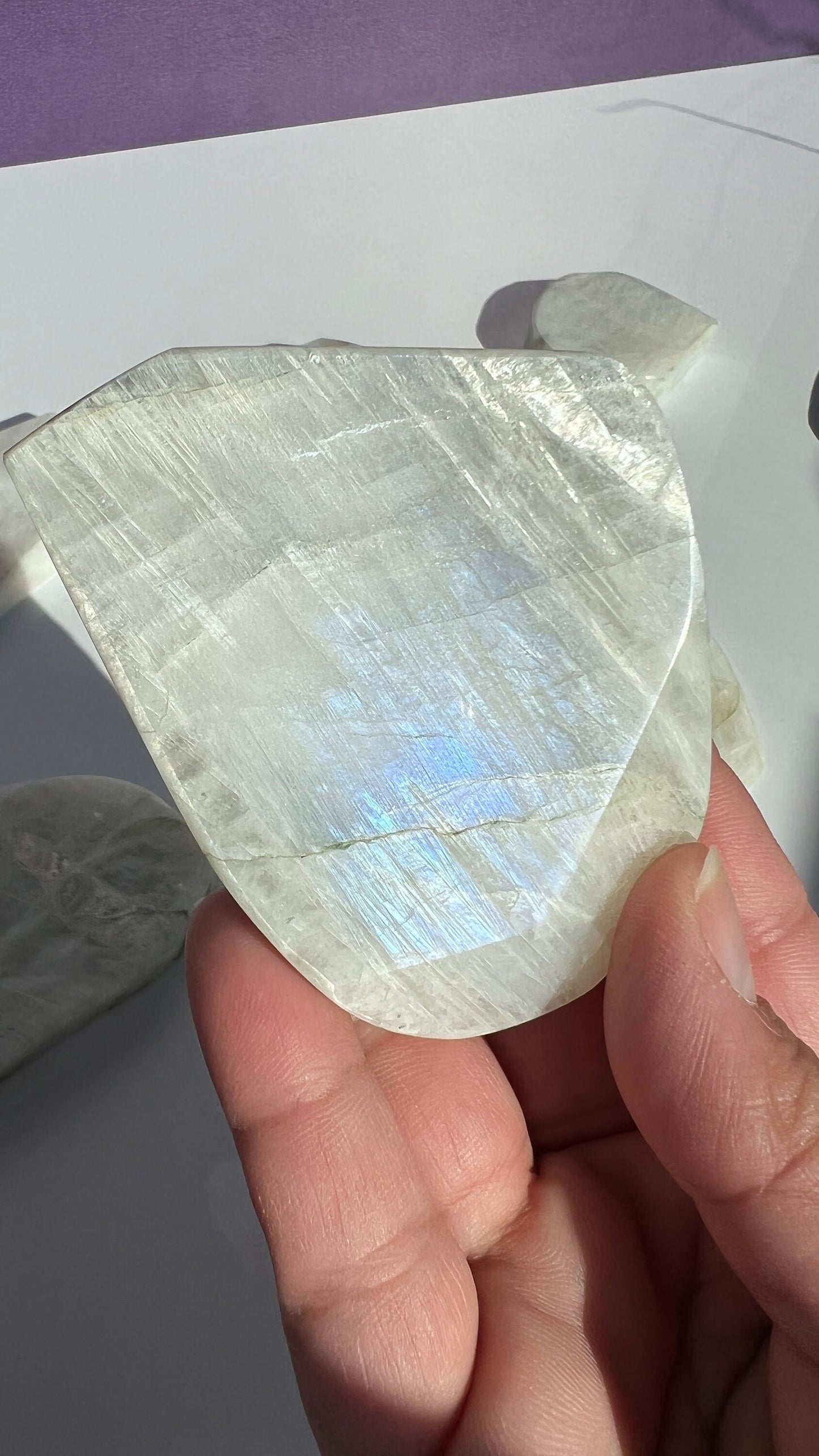 AA White Moonstone Free form with stunning Blue Flash 3 inches (1-51) Very Flashy Moonstone Blue.