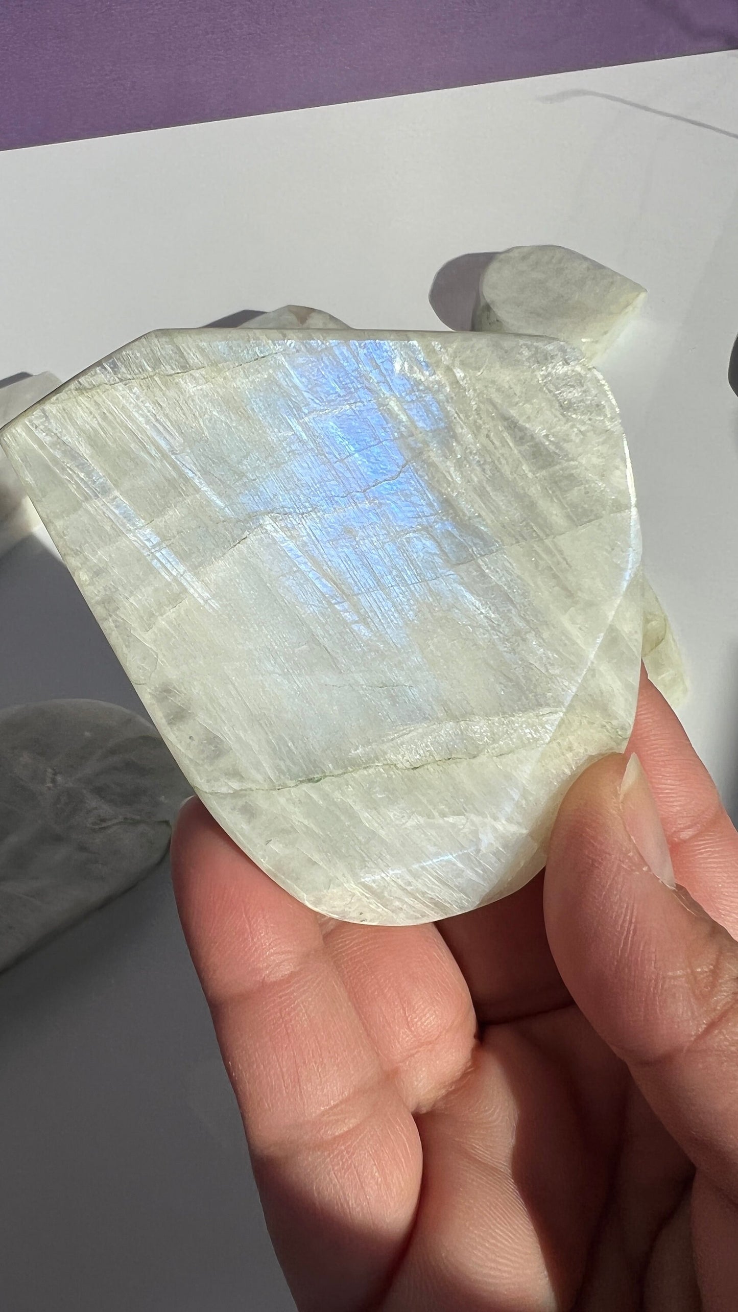 AA White Moonstone Free form with stunning Blue Flash 3 inches (1-51) Very Flashy Moonstone Blue.