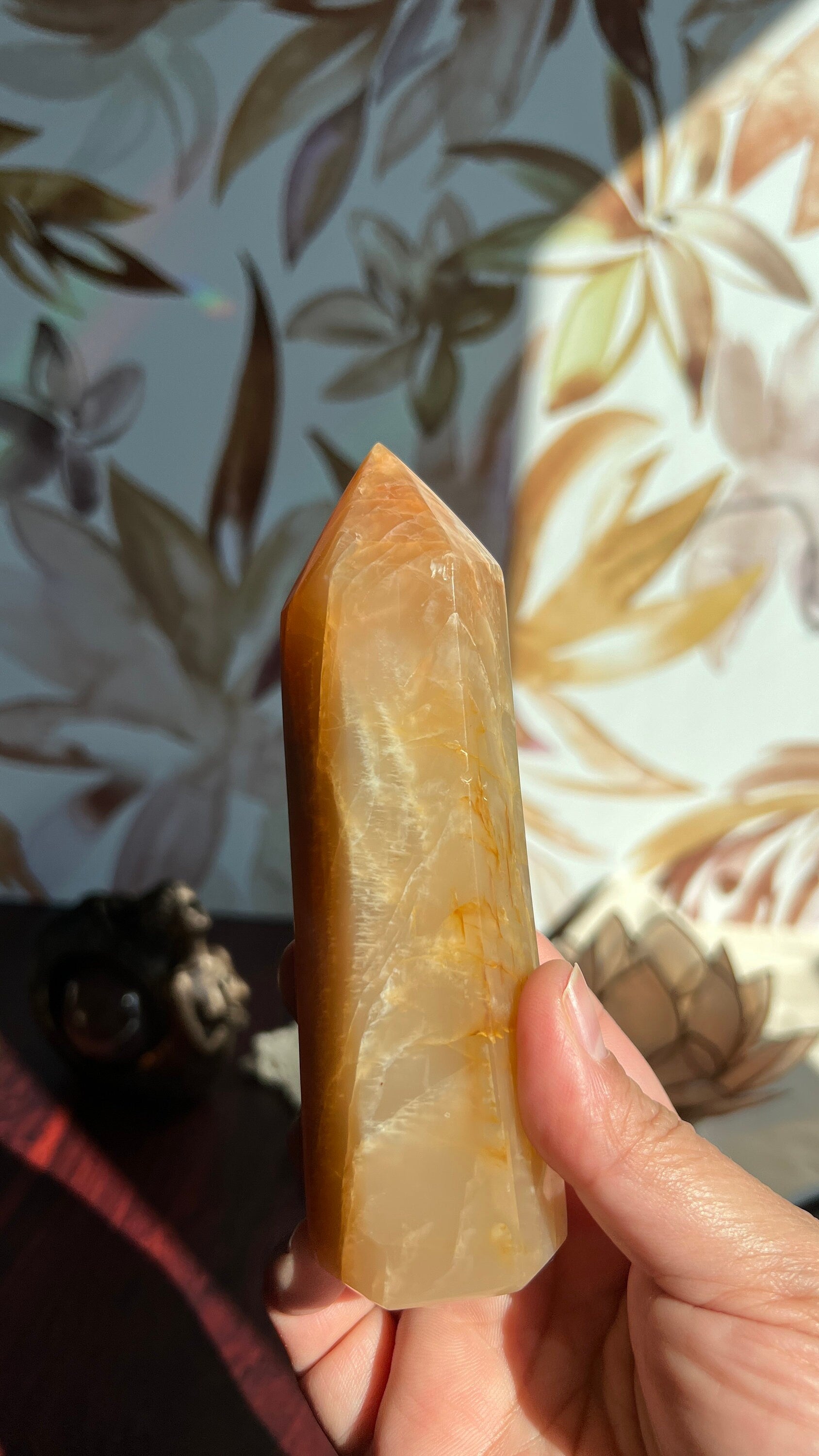 Stunning Peach Moonstone Tower is super flashy on two sides. It stands 5 1/2 inches tall and weighs 12. ounces (PMT-1)
