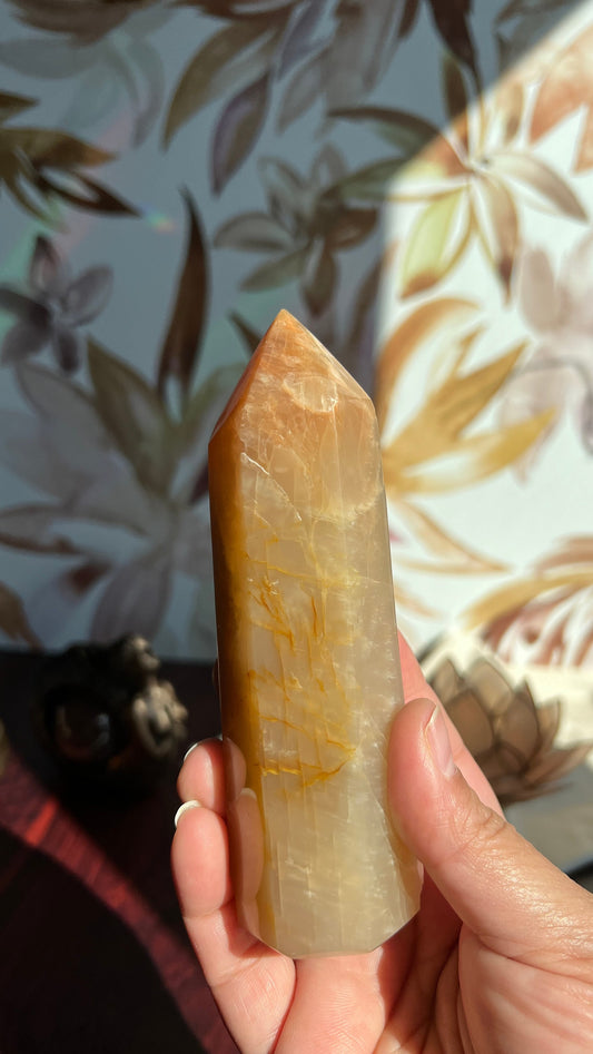 Stunning Peach Moonstone Tower is super flashy on two sides. It stands 5 1/2 inches tall and weighs 12. ounces (PMT-1)