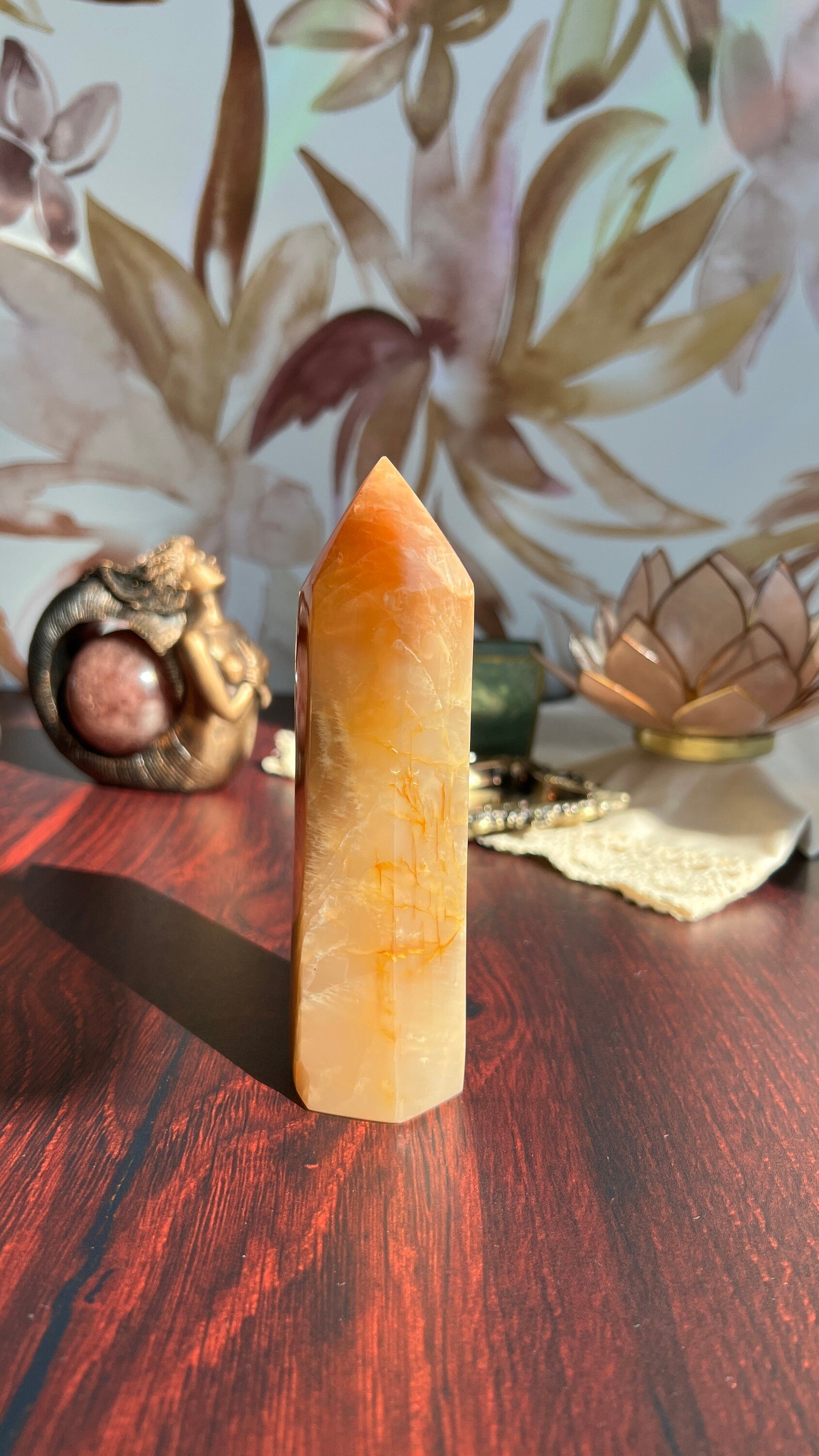 Stunning Peach Moonstone Tower is super flashy on two sides. It stands 5 1/2 inches tall and weighs 12. ounces (PMT-1)