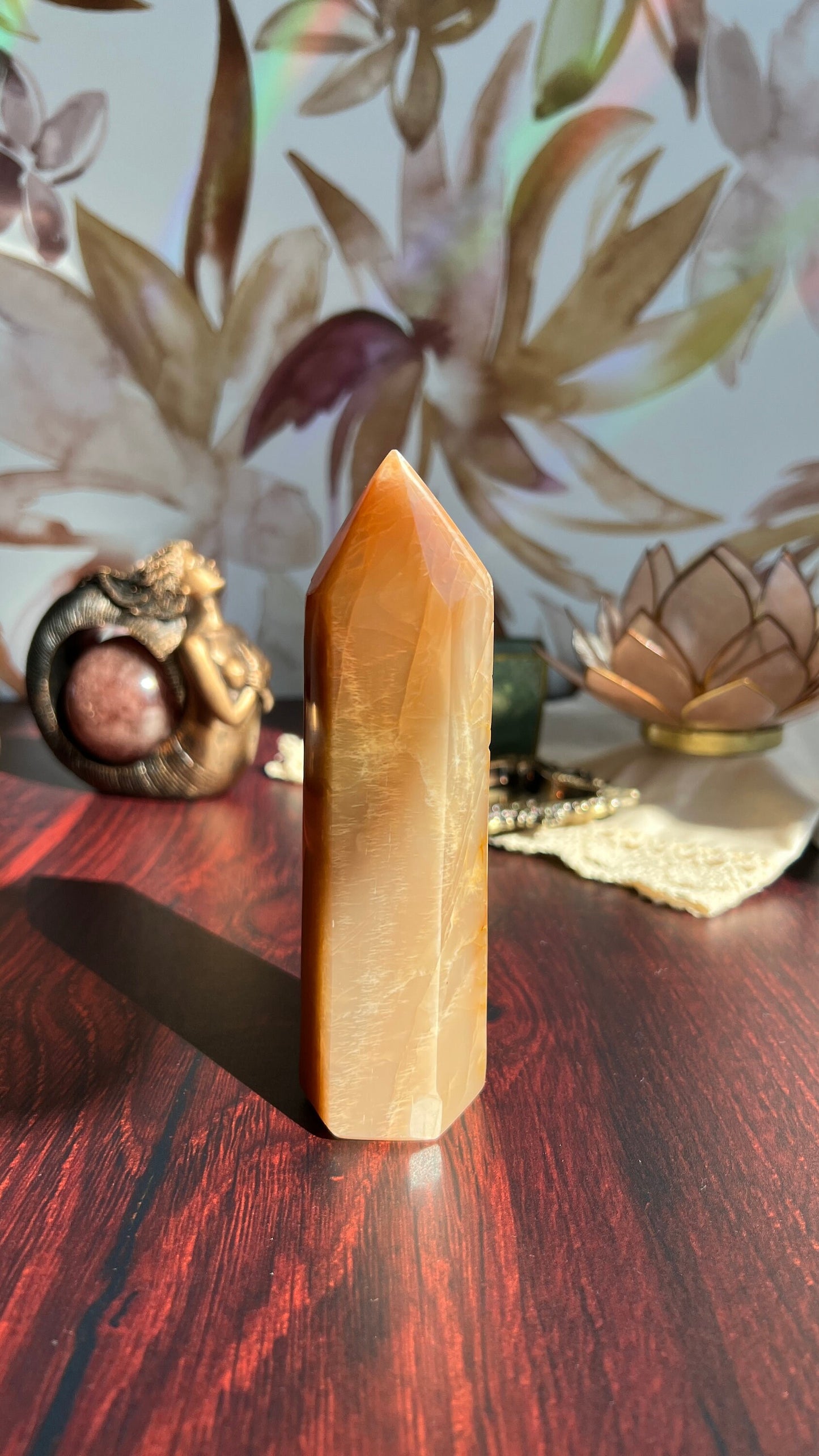 Stunning Peach Moonstone Tower is super flashy on two sides. It stands 5 1/2 inches tall and weighs 12. ounces (PMT-1)