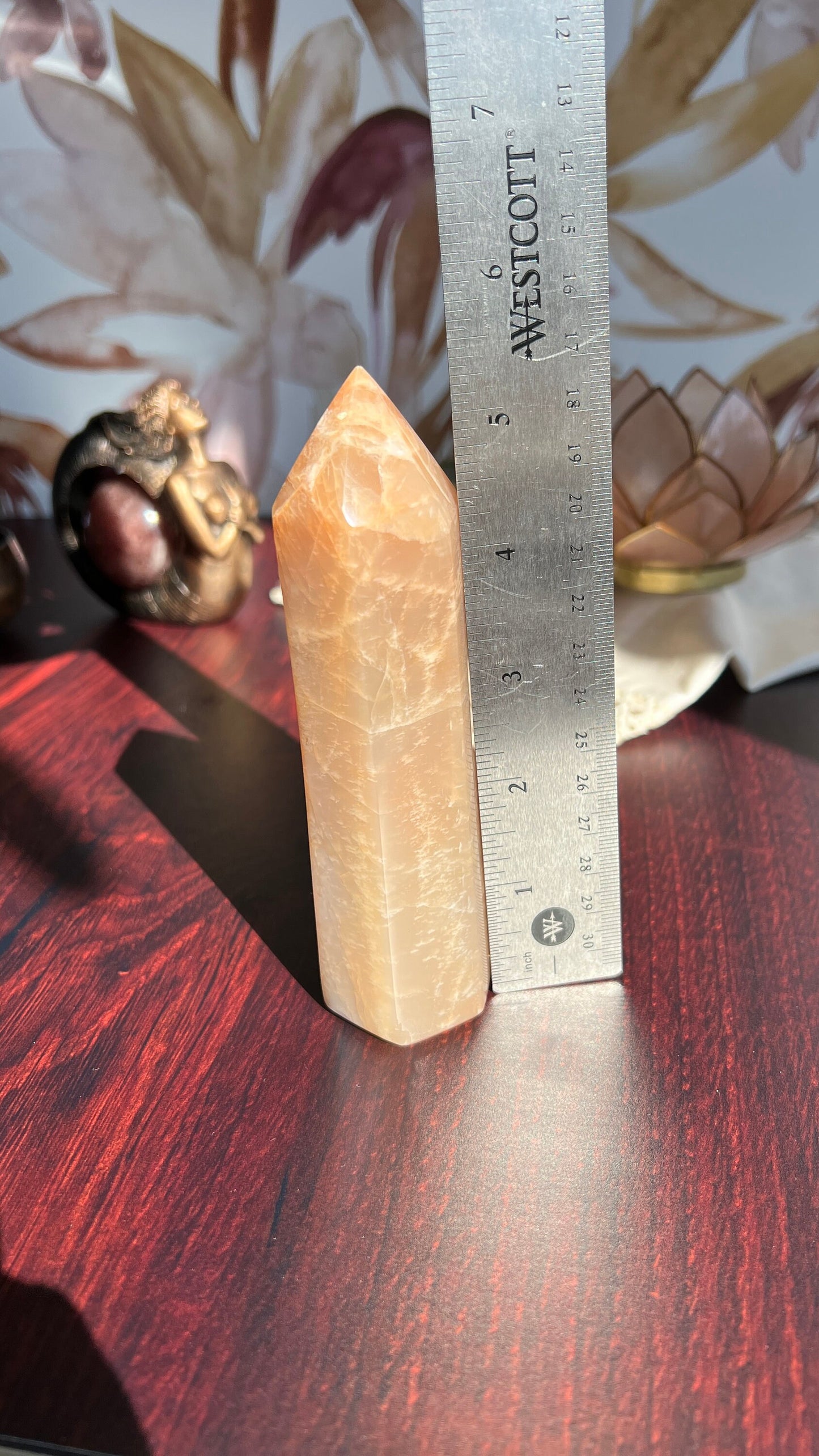 Stunning Peach Moonstone Tower is super flashy on two sides. It stands 5 1/2 inches tall and weighs 12. ounces (PMT-1)