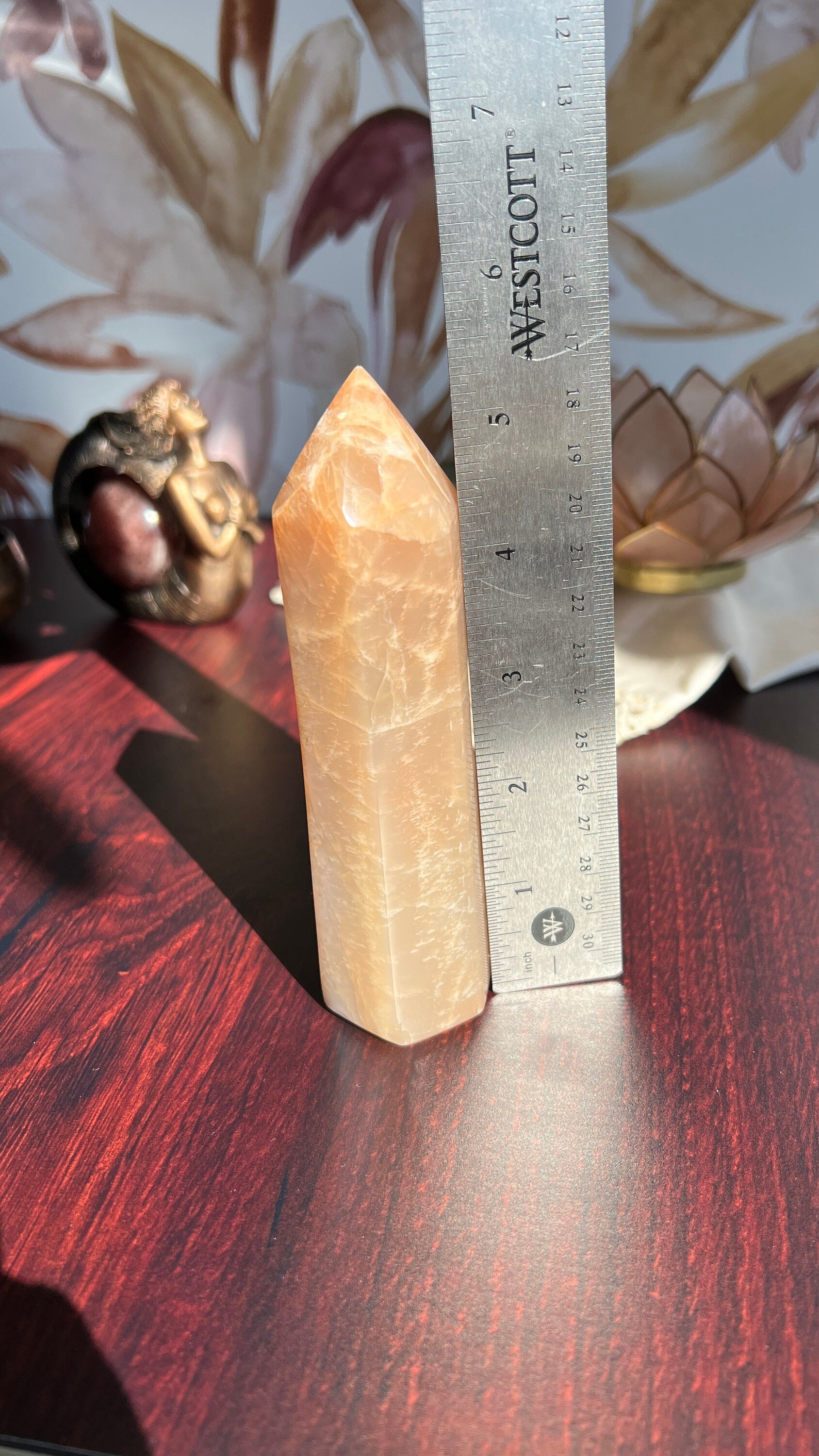 Stunning Peach Moonstone Tower is super flashy on two sides. It stands 5 1/2 inches tall and weighs 12. ounces (PMT-1)