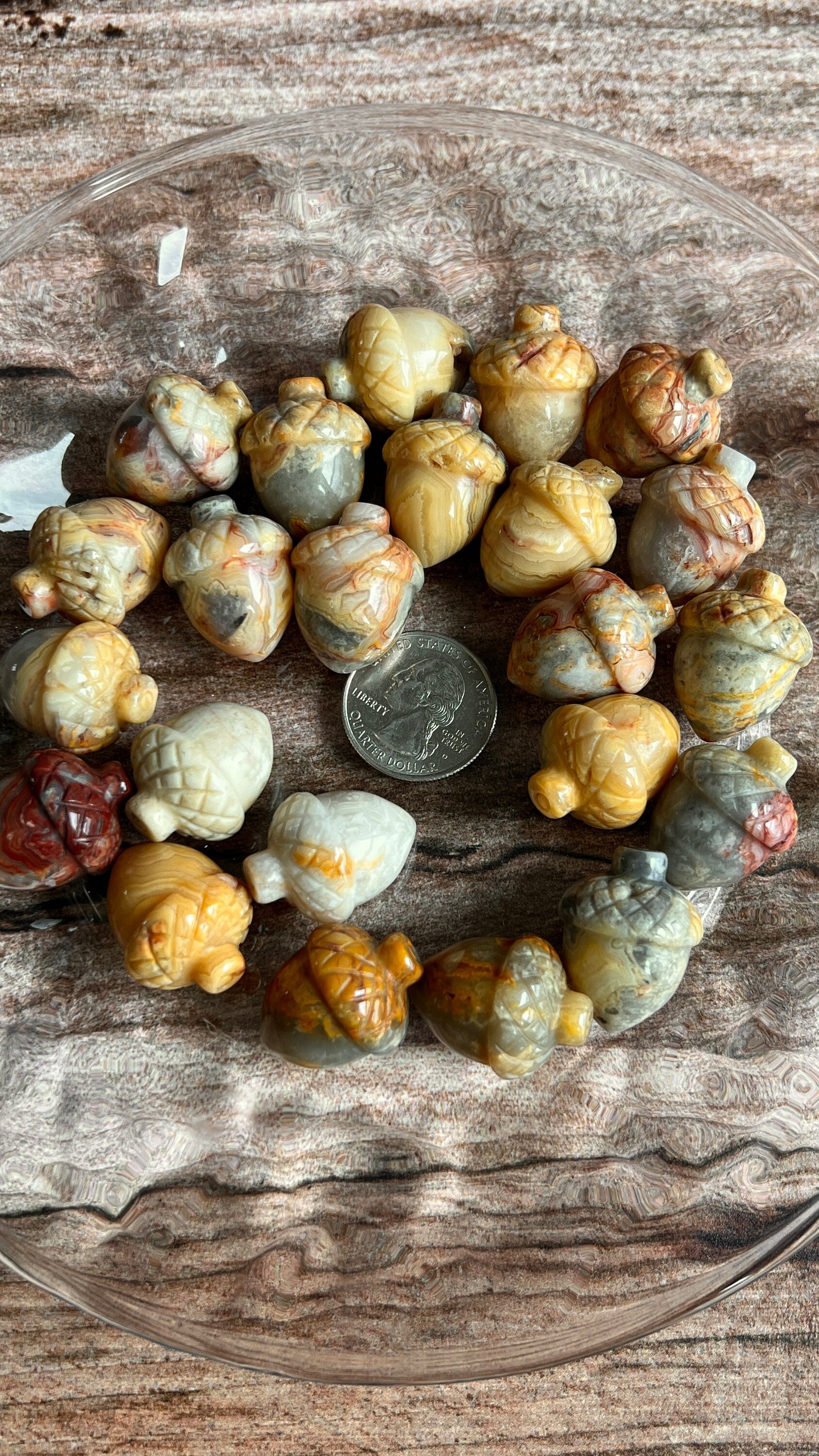 One (1) Beautifully carved 1 inch Crystal Acorn, Pick from Crazy Lace Agate, Rose Quartz, and Clear Quartz!