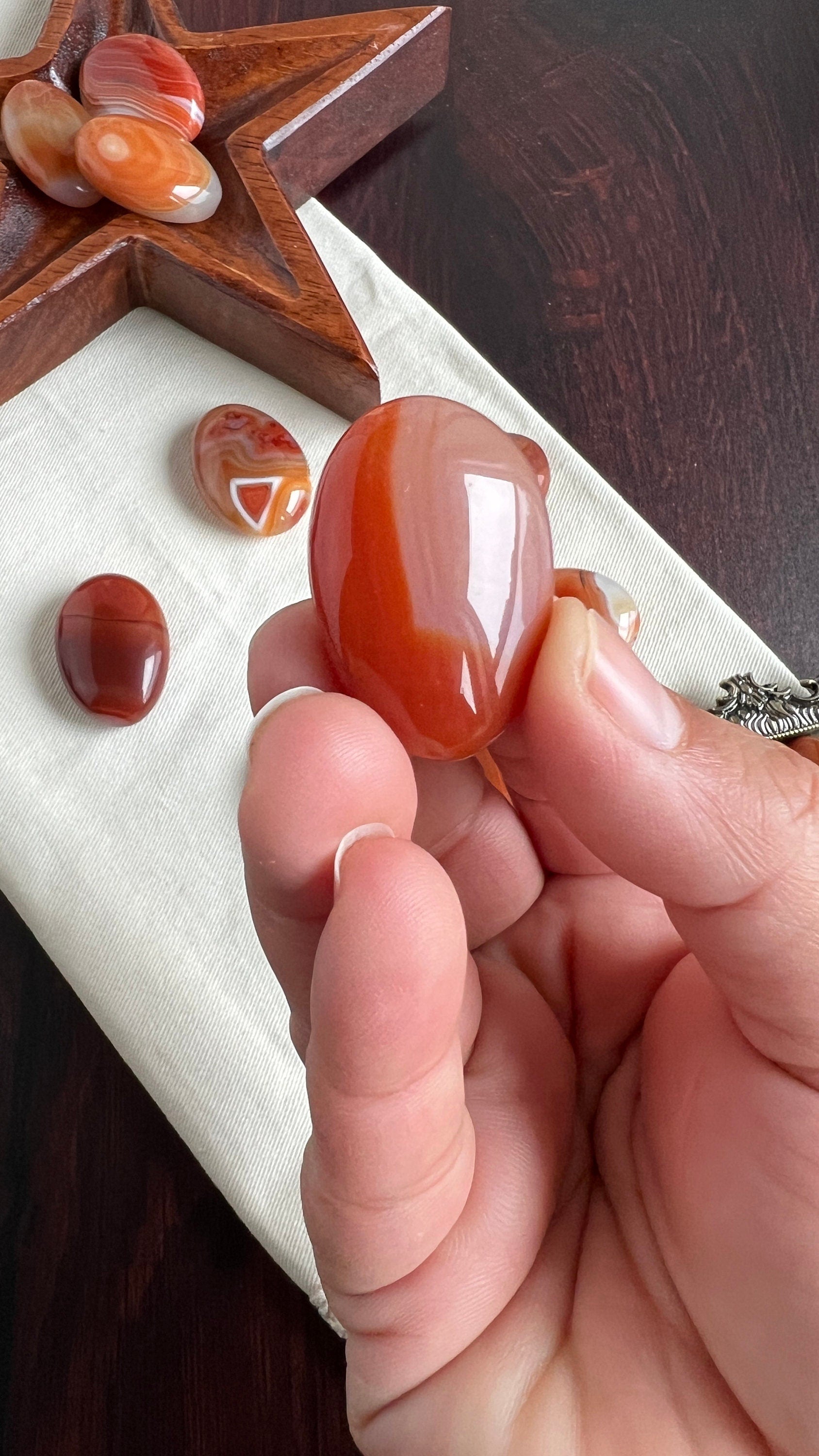 One (1) Stunning Carnelian Agate Mini Palm Stones, intuitively chosen for you, each measures approx. 1.3 - 1.6 inches