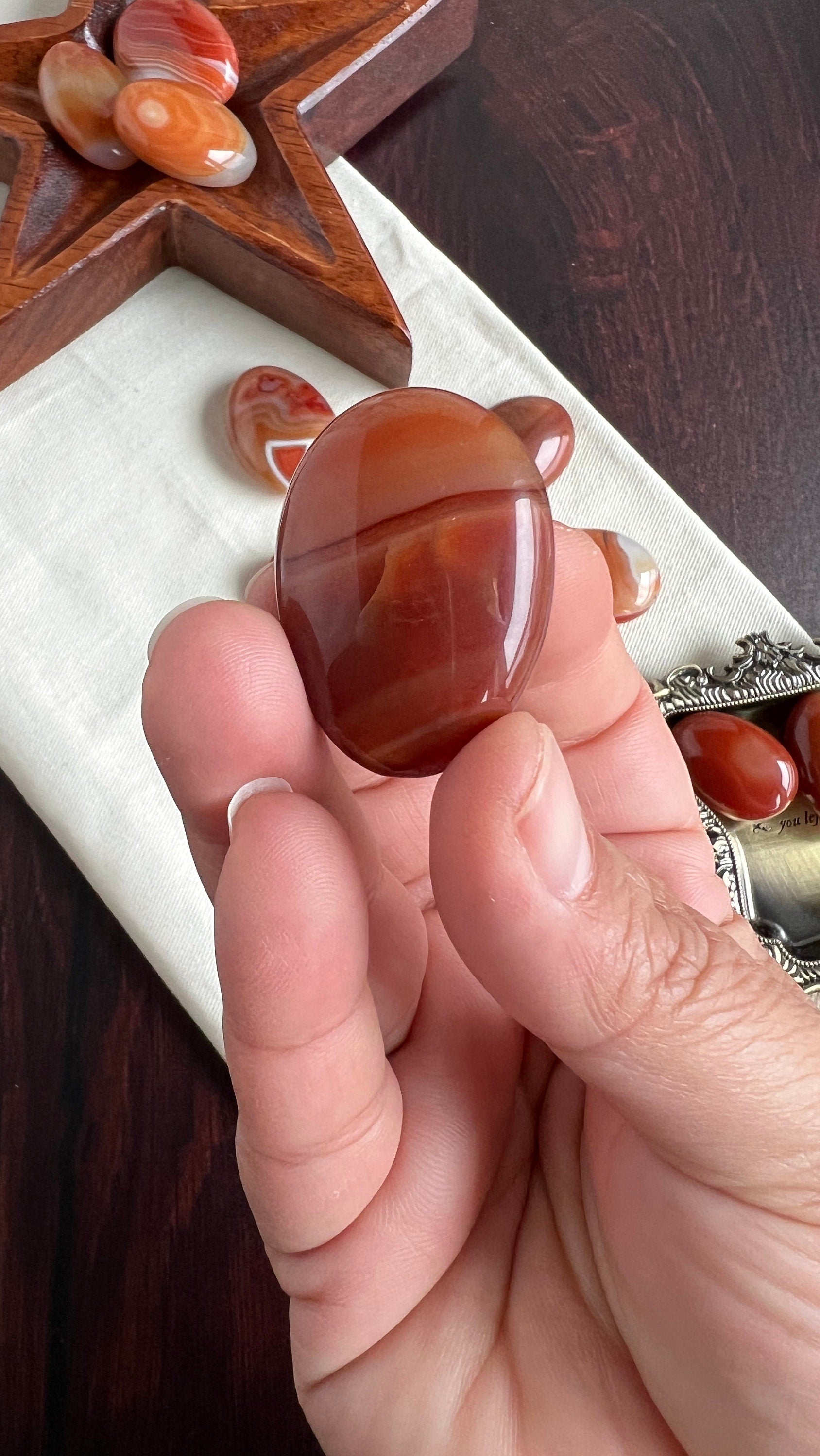 One (1) Stunning Carnelian Agate Mini Palm Stones, intuitively chosen for you, each measures approx. 1.3 - 1.6 inches