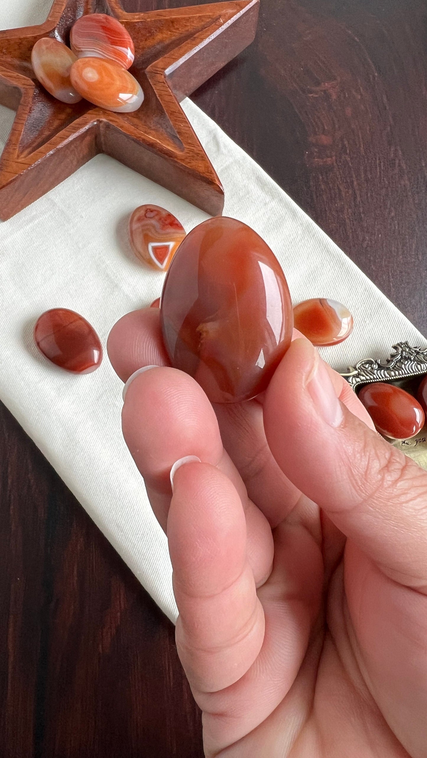 One (1) Stunning Carnelian Agate Mini Palm Stones, intuitively chosen for you, each measures approx. 1.3 - 1.6 inches