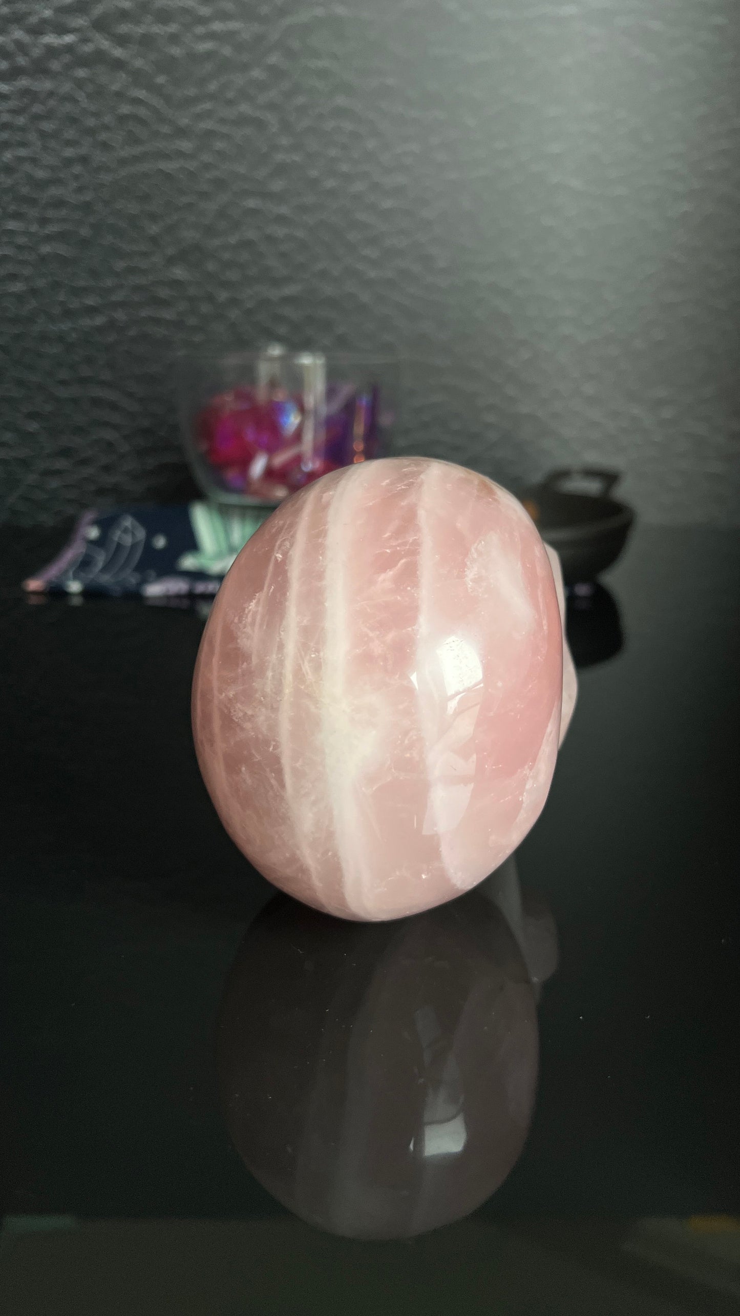 Beautiful Rose Quartz Skull. Approx 4 inches tall and 4 1/2 inches long. Weighs 2.6 pounds