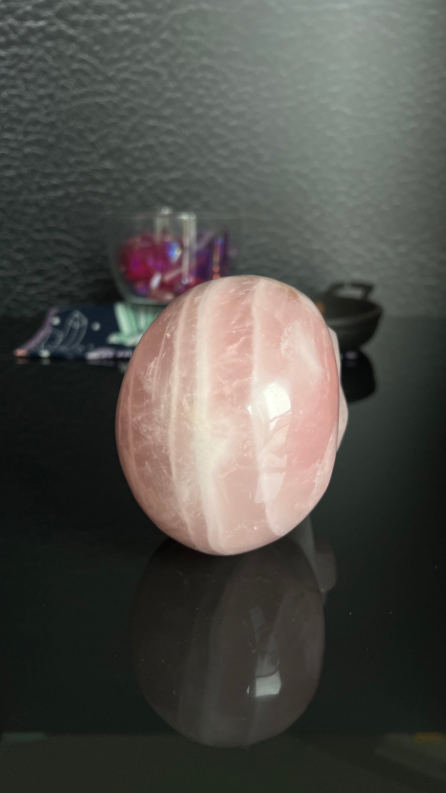 Beautiful Rose Quartz Skull. Approx 4 inches tall and 4 1/2 inches long. Weighs 2.6 pounds