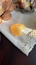 Load image into Gallery viewer, Beautiful Honey Calcite Heart Carving with rainbow inclusions 2 1/4 inches wide 2.8 ounces (HC-Heart2)
