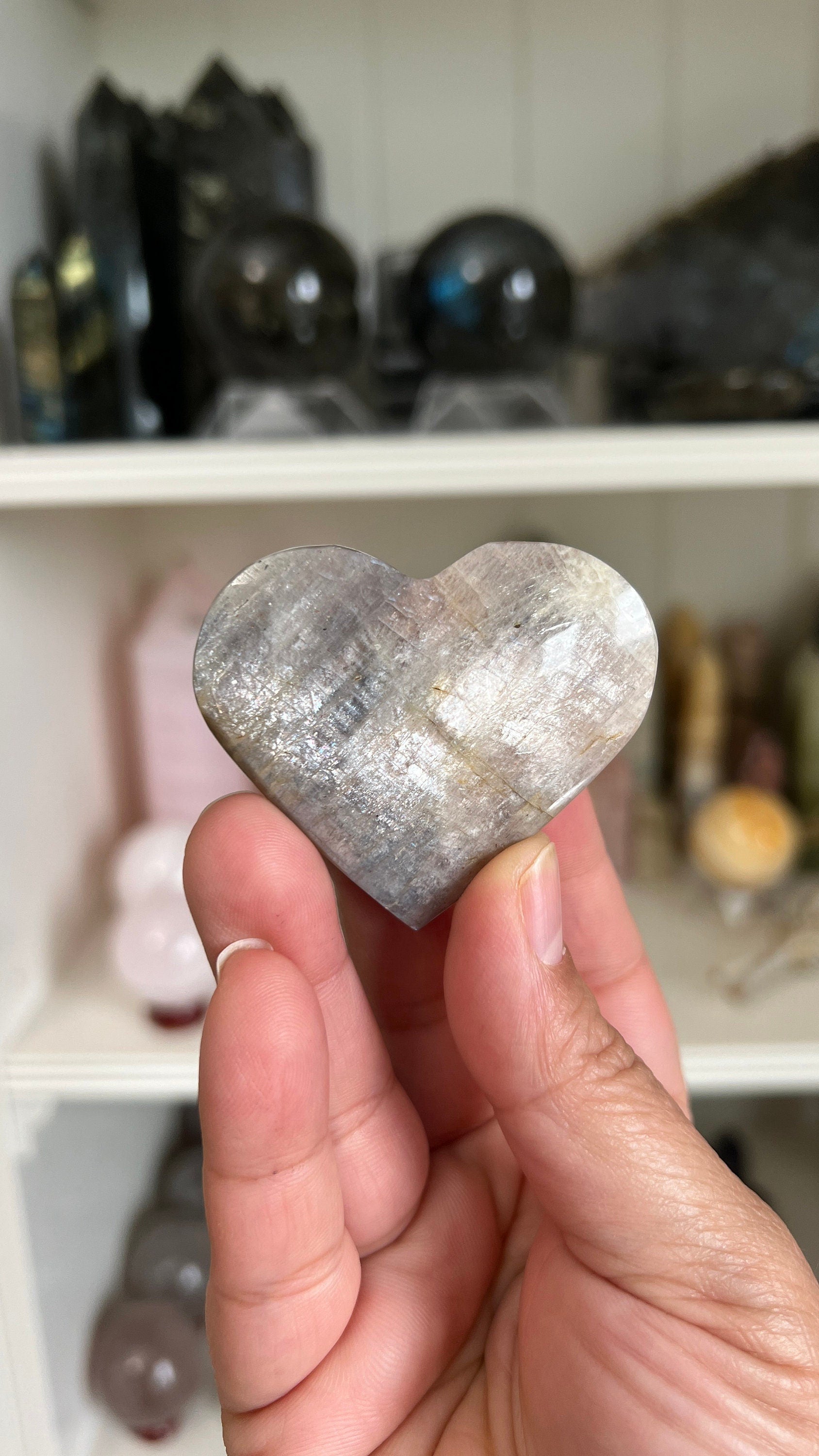 One (1) Gorgeous Moonstone heart with bright blue flash. 2 1/4 inches *Midnights curated crystals* Intuitively chosen from our general stock