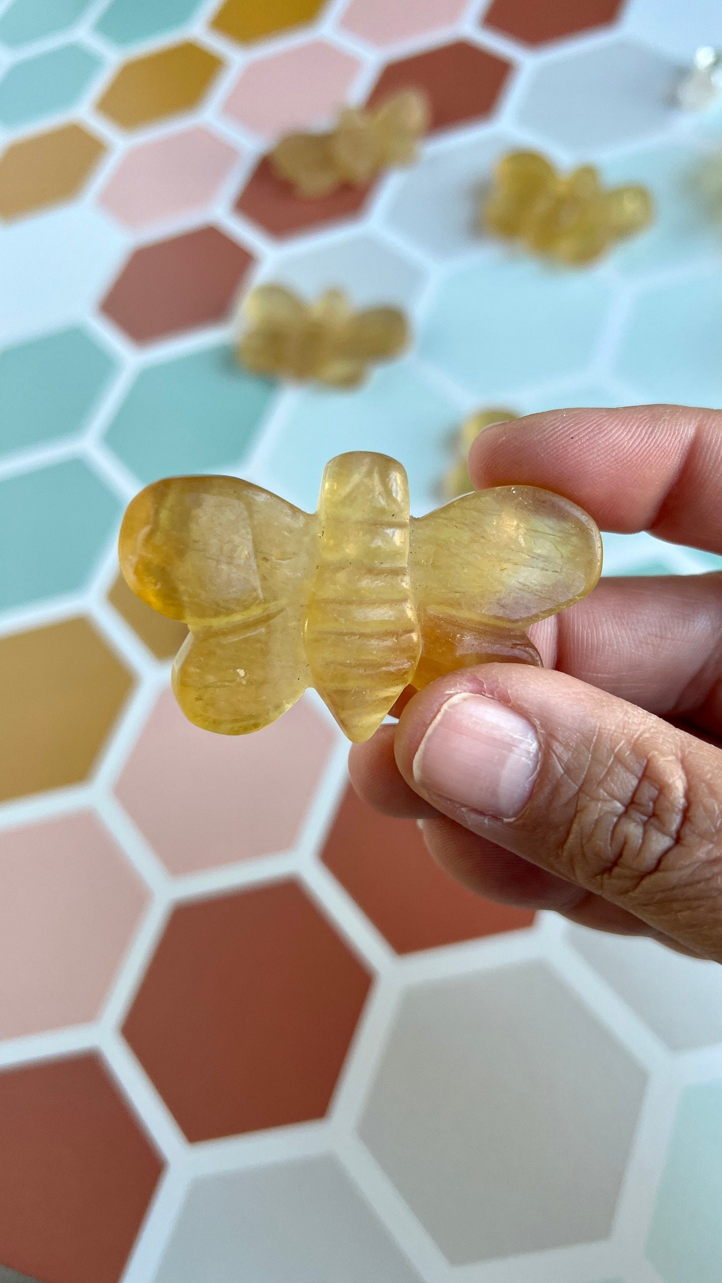 One (1) Cute Yellow Fluorite Hand Carved Bee ,2 1/4 inches, Randomly selected from our general stock.