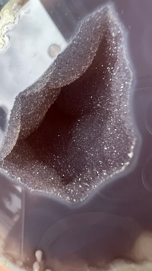 Dazzling Agate Geode with Druzy center mounted on Silver Pin Stand approx 6 inches tall (geo-pin-1)