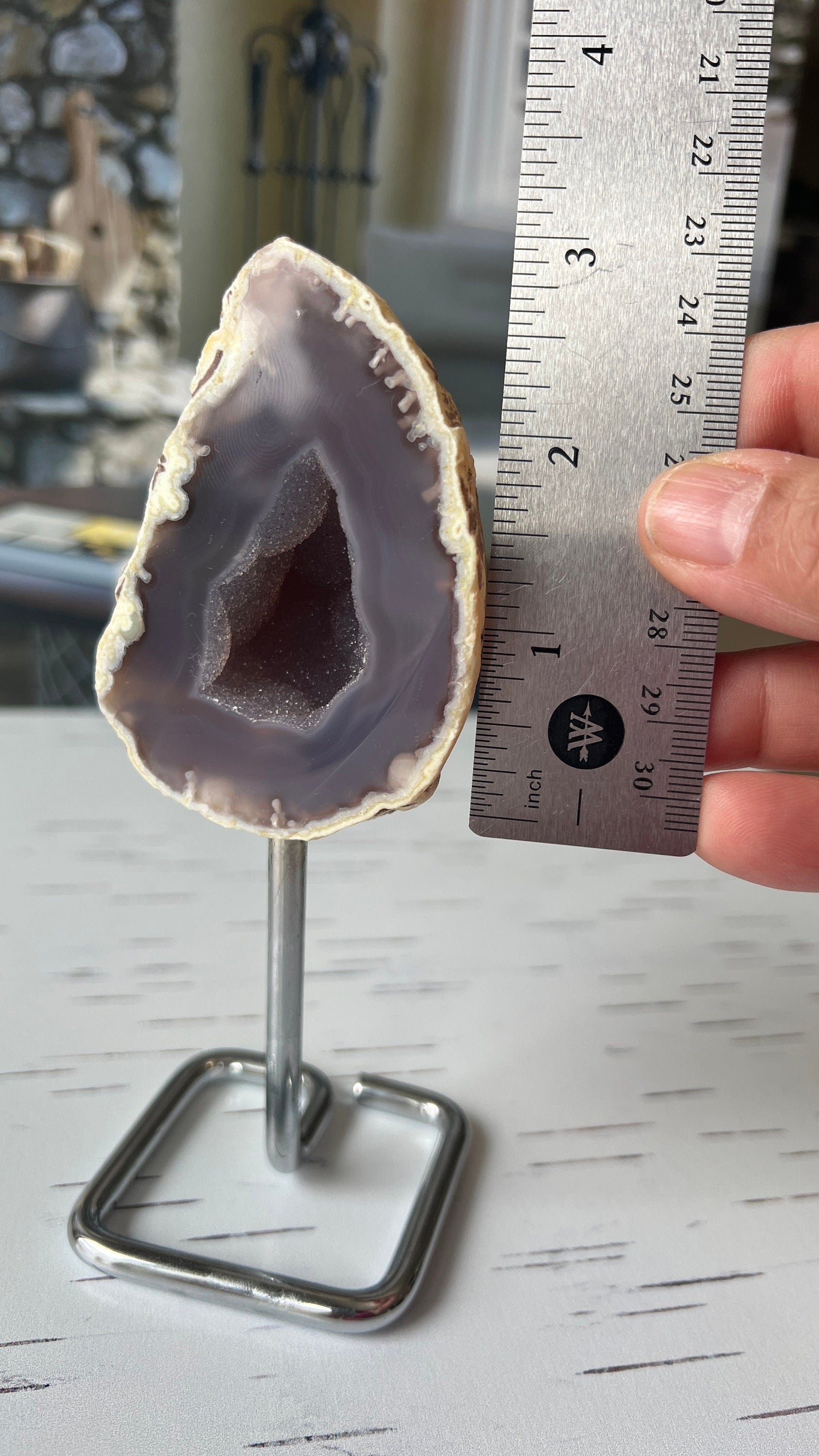 Dazzling Agate Geode with Druzy center mounted on Silver Pin Stand approx 6 inches tall (geo-pin-1)