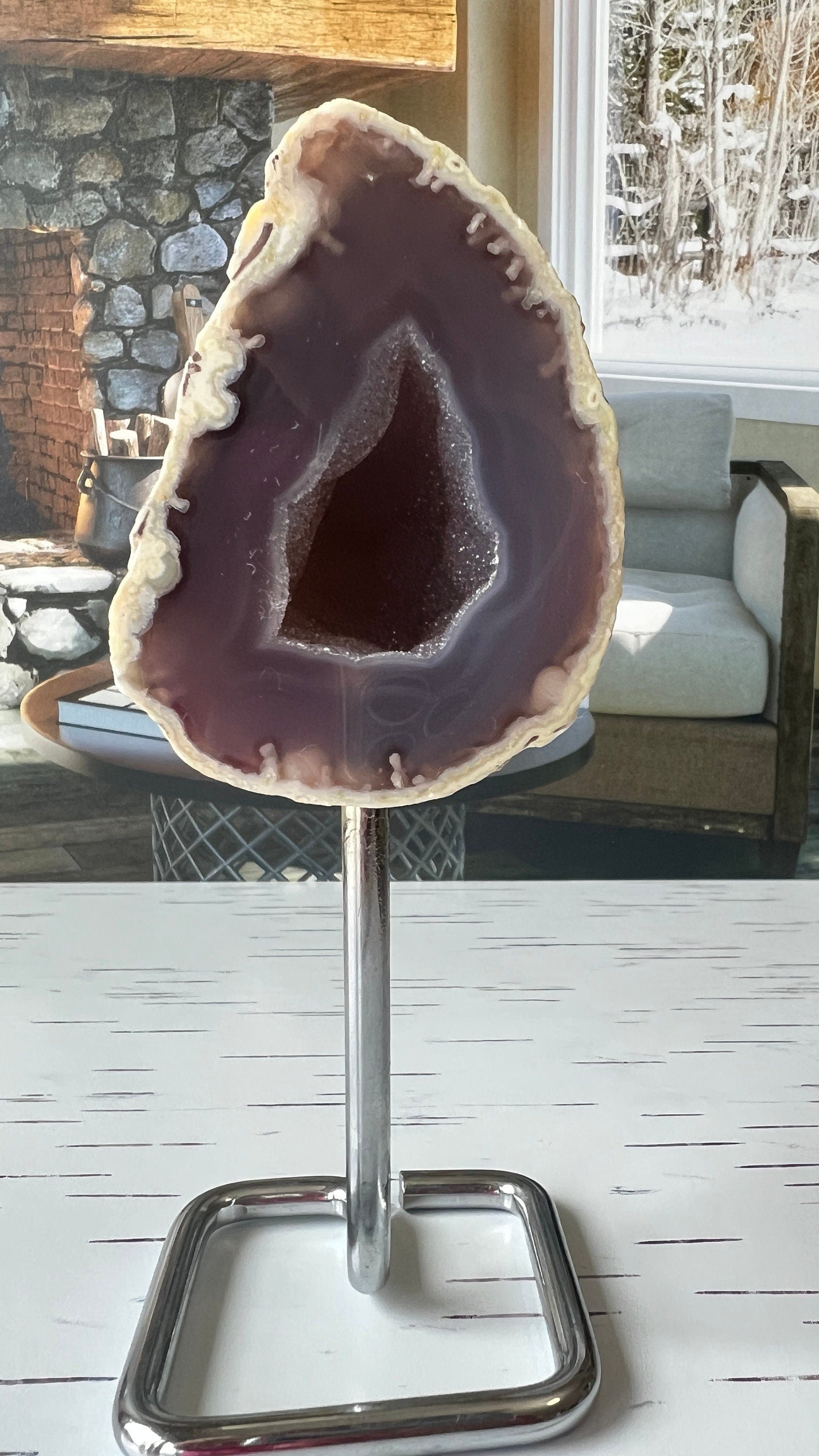 Dazzling Agate Geode with Druzy center mounted on Silver Pin Stand approx 6 inches tall (geo-pin-1)