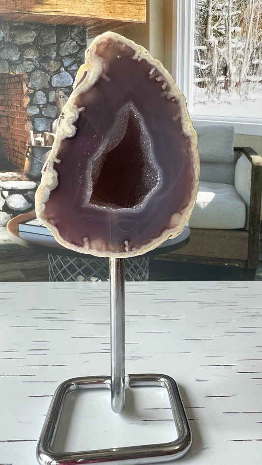 Dazzling Agate Geode with Druzy center mounted on Silver Pin Stand approx 6 inches tall (geo-pin-1)
