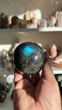 Load image into Gallery viewer, Gorgeous AA+ Labradorite Sphere (73mm) with stunning flash. Acrylic stand included
