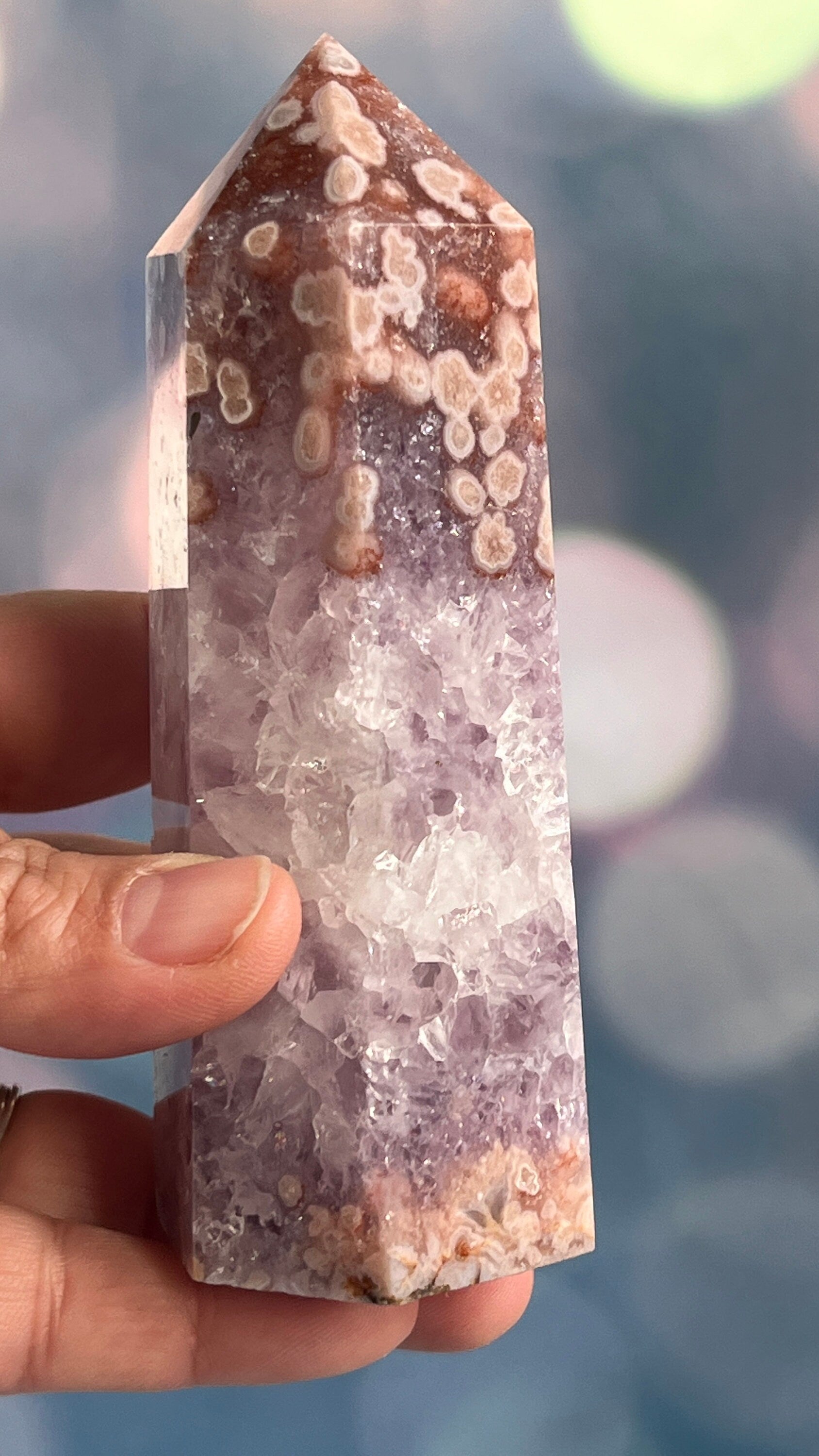 Incredible AAA+ Amethyst and Pink Flower Agate Tower 5 inches tall and weighs 14.5 ounces (AFA-1)