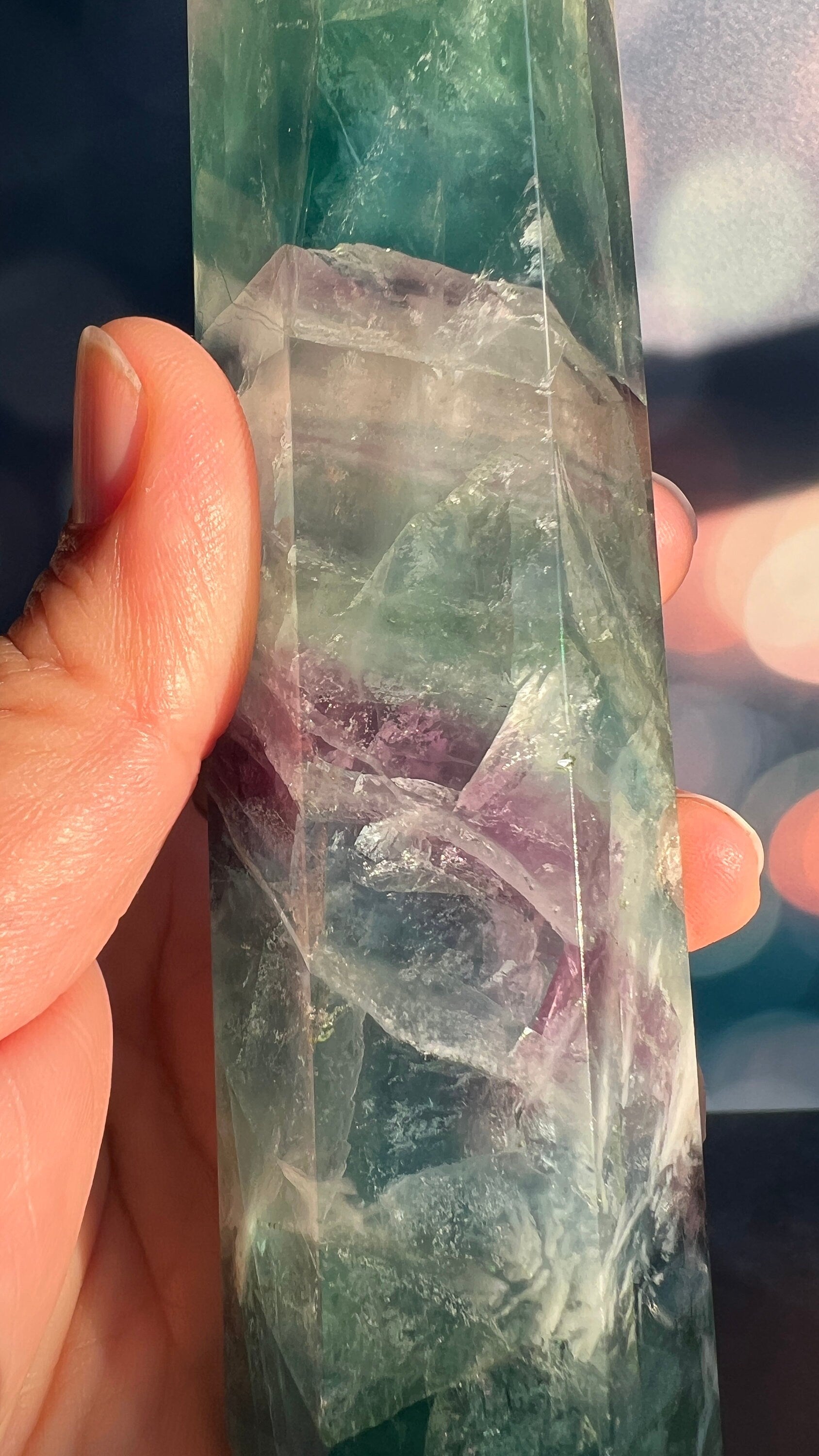 Stunning Rainbow Fluorite with snowflake/feather pattern stands 6 1/2 inches tall weighs approx 1 pound