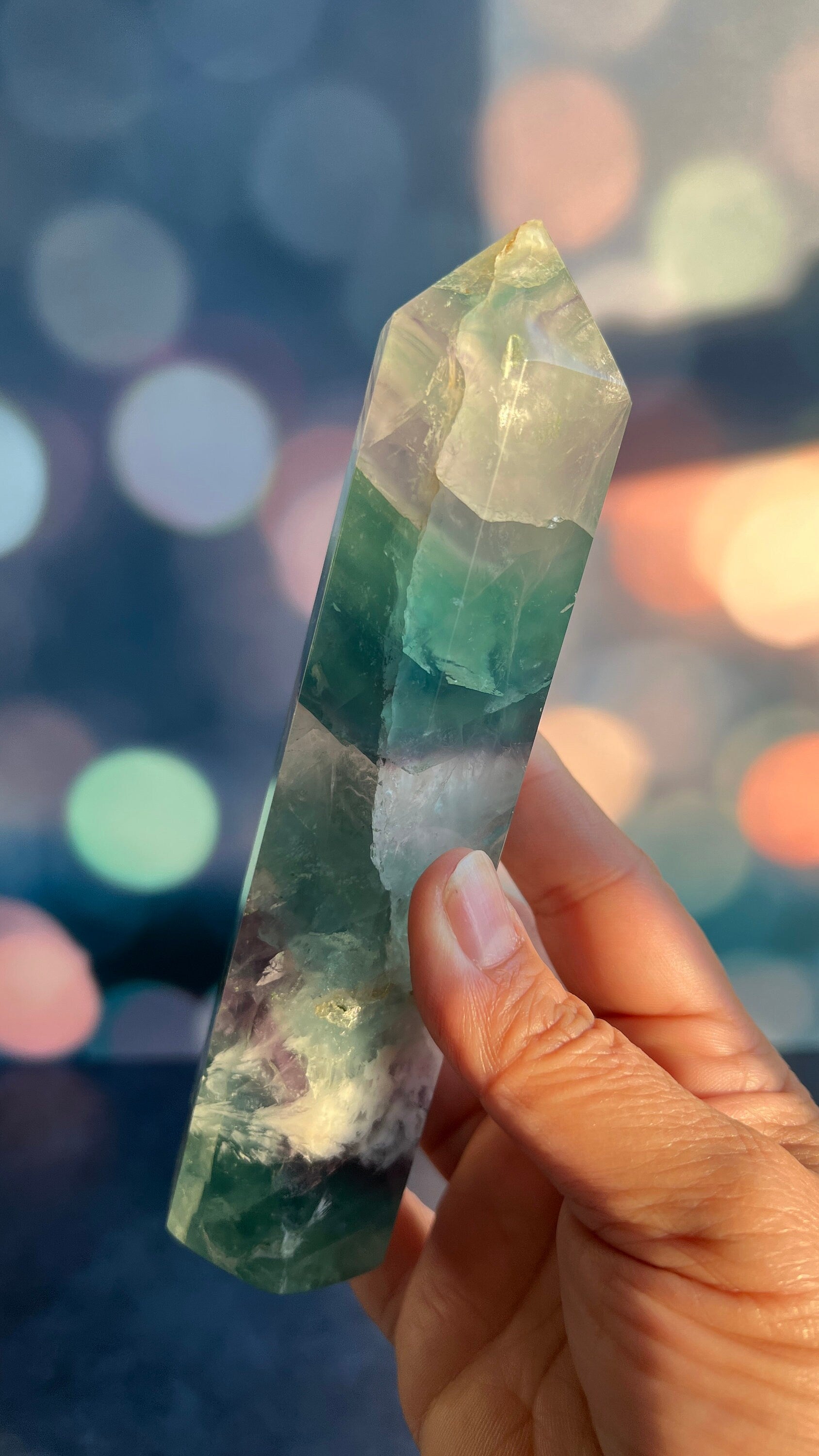 Stunning Rainbow Fluorite with snowflake/feather pattern stands 6 1/2 inches tall weighs approx 1 pound