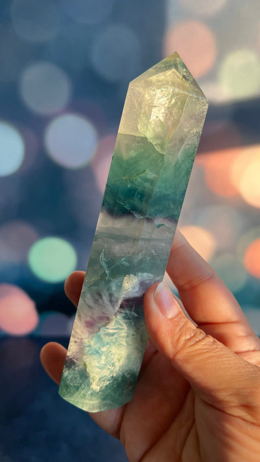 Stunning Rainbow Fluorite with snowflake/feather pattern stands 6 1/2 inches tall weighs approx 1 pound