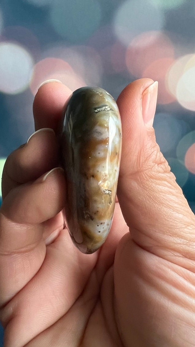 Incredible 8th Vein OJ (Ocean Jasper) Palm Stone with detailed fish eye orbs