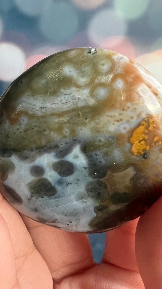 Incredible 8th Vein OJ (Ocean Jasper) Palm Stone with detailed fish eye orbs