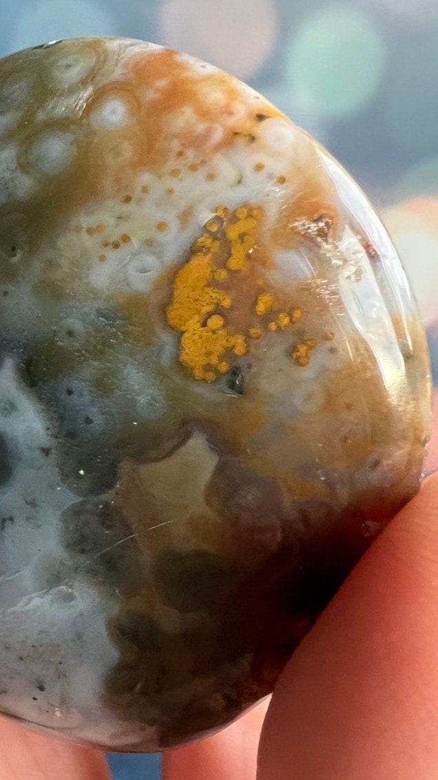Incredible 8th Vein OJ (Ocean Jasper) Palm Stone with detailed fish eye orbs