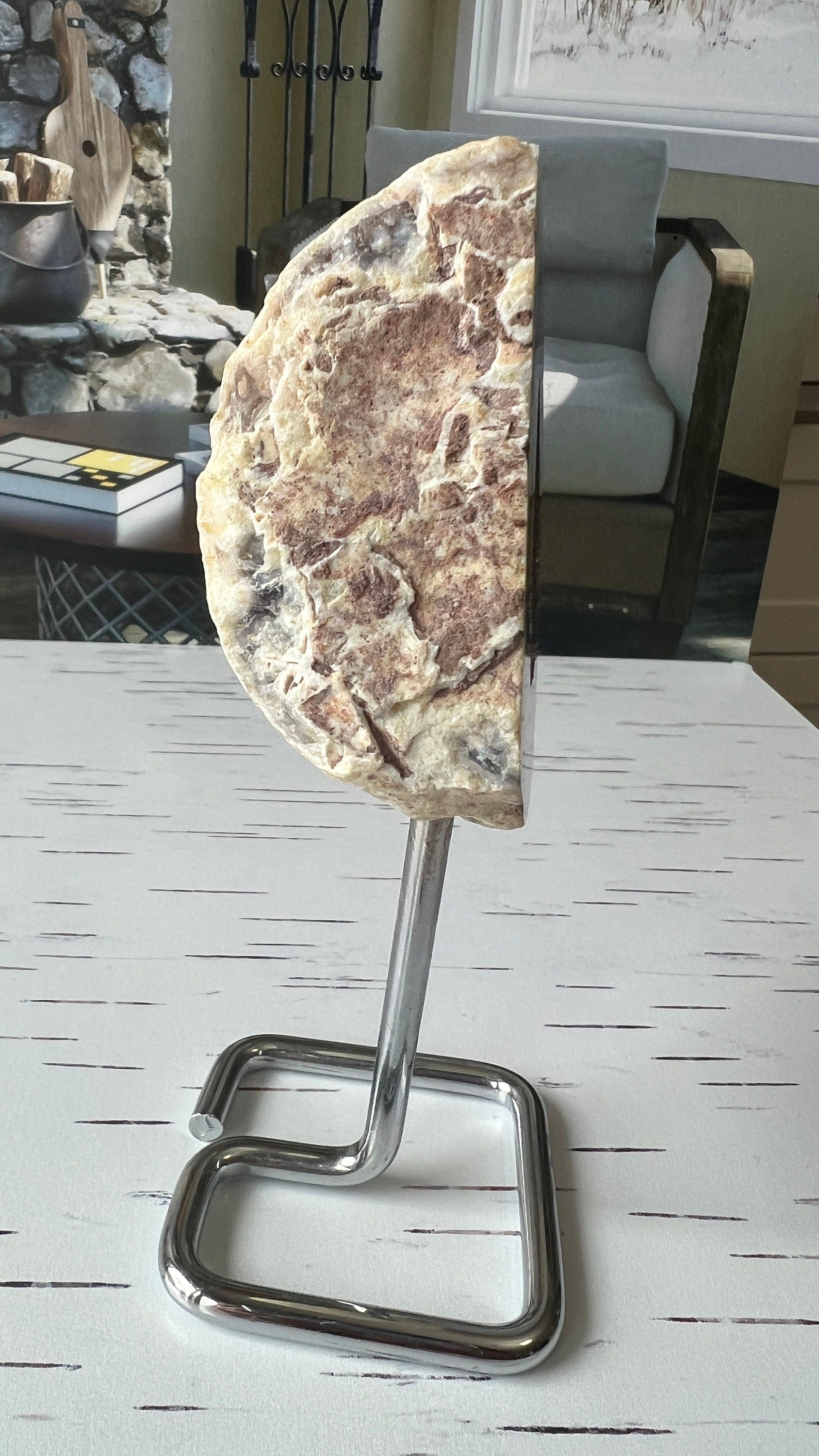 Dazzling Agate Geode with Druzy center mounted on Silver Pin Stand approx 6 inches tall (geo-pin-1)