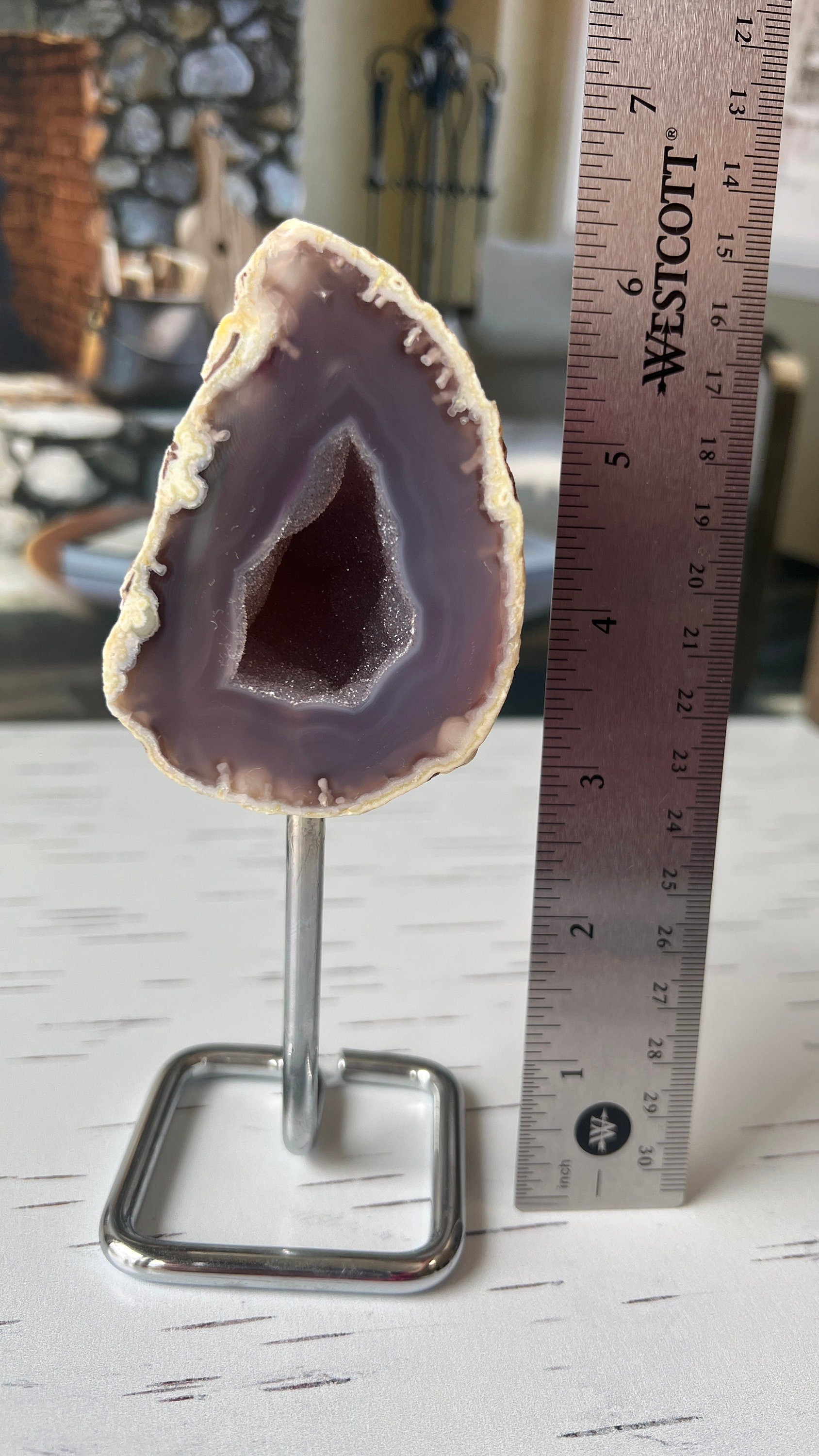 Dazzling Agate Geode with Druzy center mounted on Silver Pin Stand approx 6 inches tall (geo-pin-1)