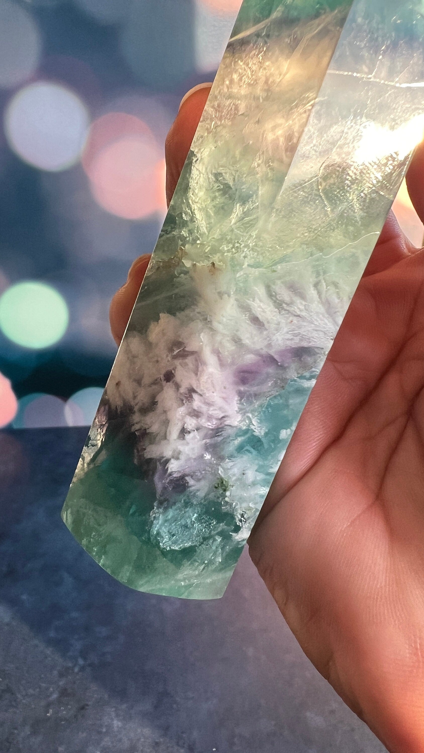 Stunning Rainbow Fluorite with snowflake/feather pattern stands 6 1/2 inches tall weighs approx 1 pound