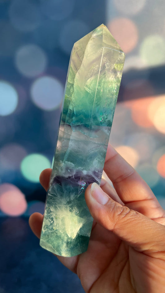 Stunning Rainbow Fluorite with snowflake/feather pattern stands 6 1/2 inches tall weighs approx 1 pound