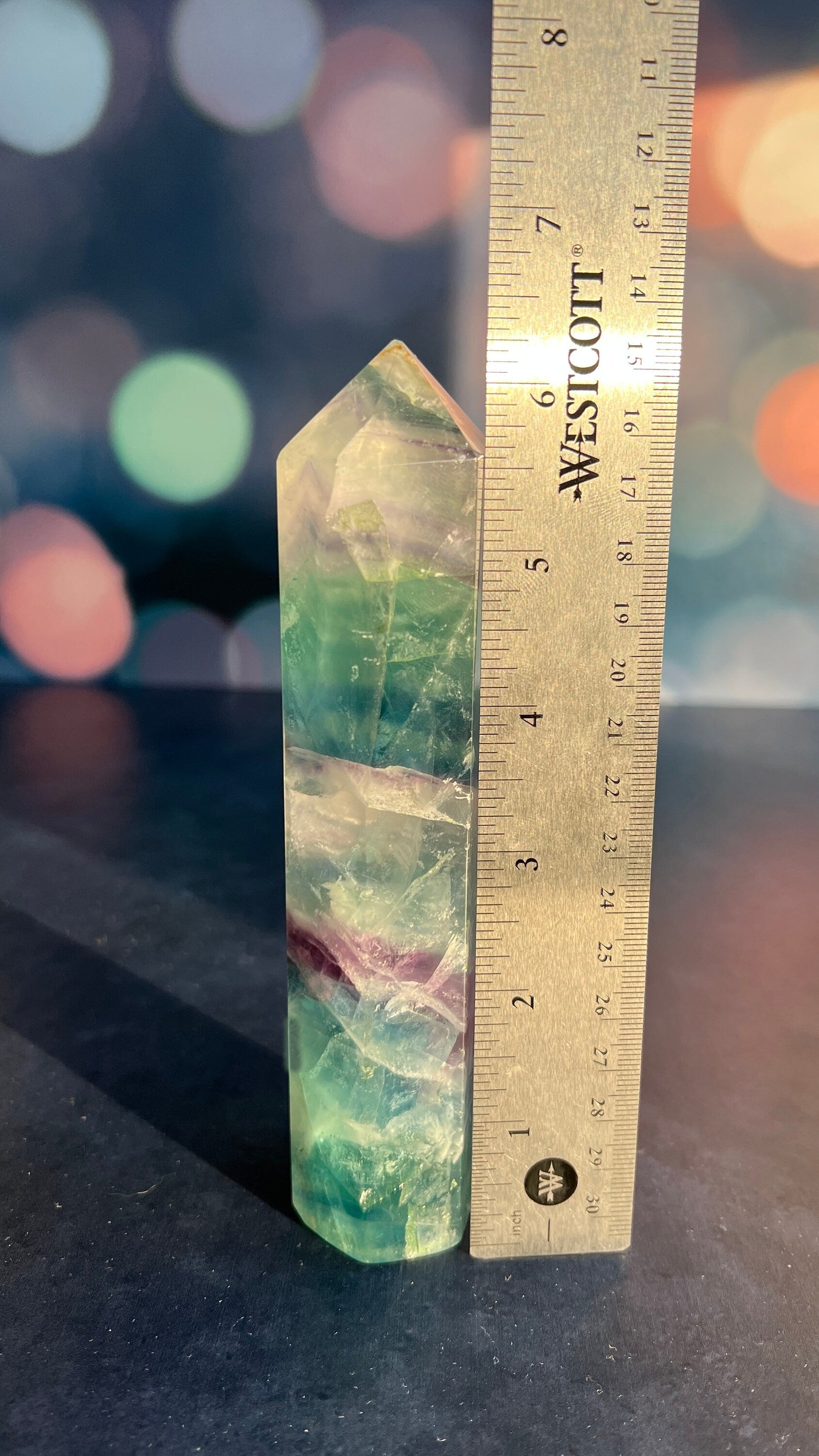 Stunning Rainbow Fluorite with snowflake/feather pattern stands 6 1/2 inches tall weighs approx 1 pound