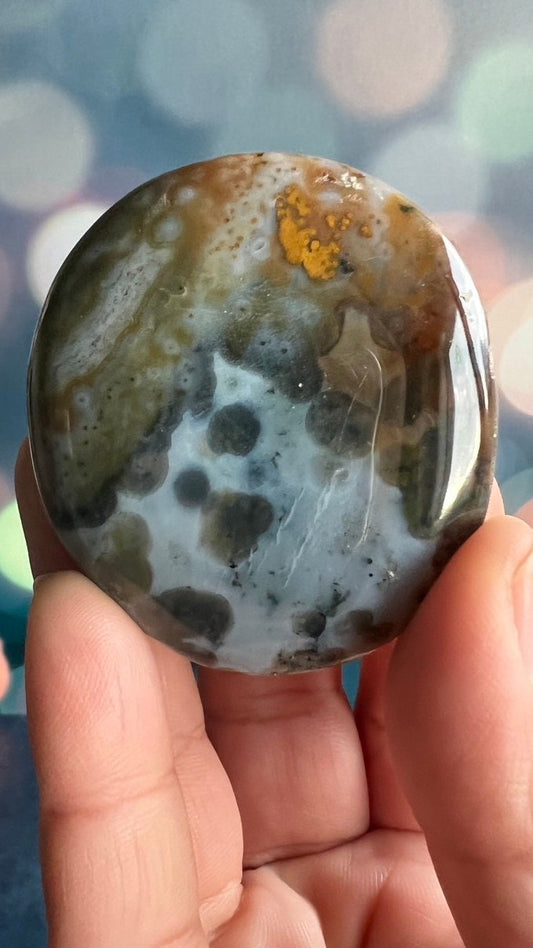 Incredible 8th Vein OJ (Ocean Jasper) Palm Stone with detailed fish eye orbs