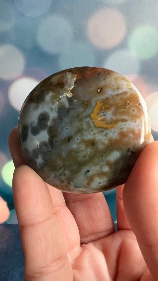 Incredible 8th Vein OJ (Ocean Jasper) Palm Stone with detailed fish eye orbs