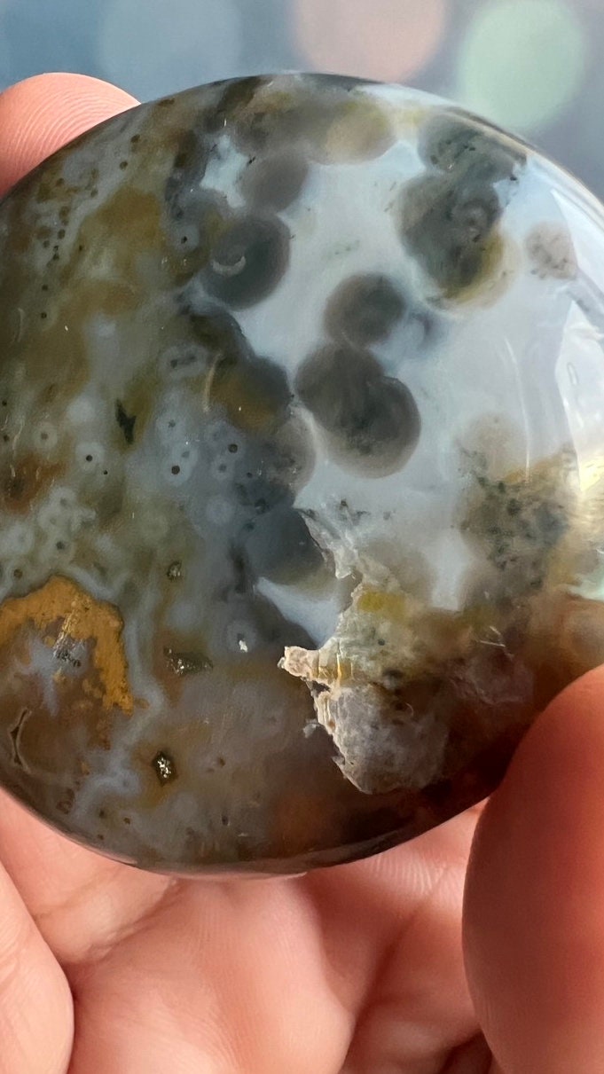 Incredible 8th Vein OJ (Ocean Jasper) Palm Stone with detailed fish eye orbs